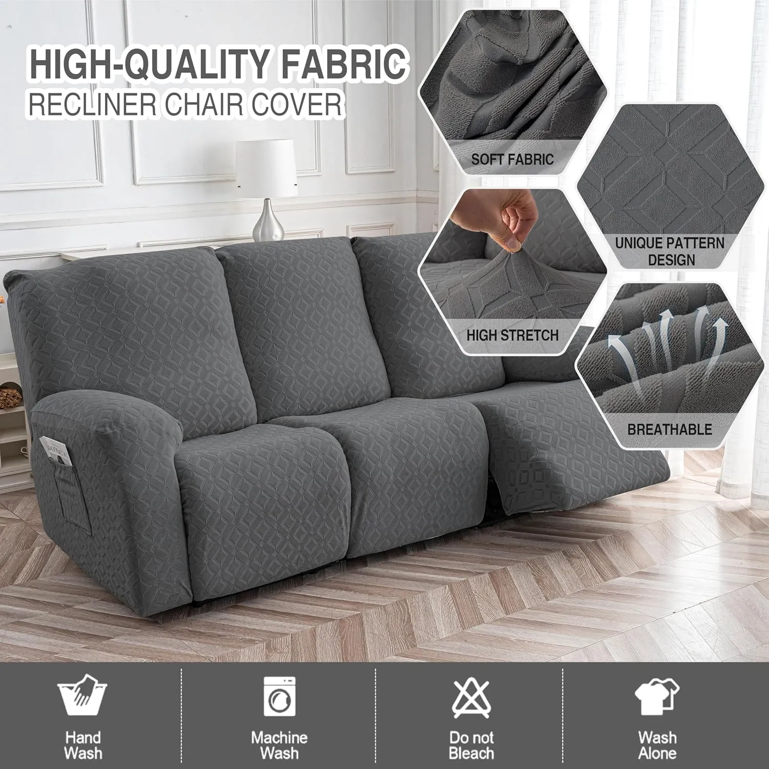 Gennia Waterproof Recliner Sofa Cover,Stretch Reclining Couch Covers with Pockets,Washable Lazy Boy Recliner Slipcovers,Leakproof Sofa Protector for Kids, Pets, Dog and Cat (3 Seat, Dark Gray)