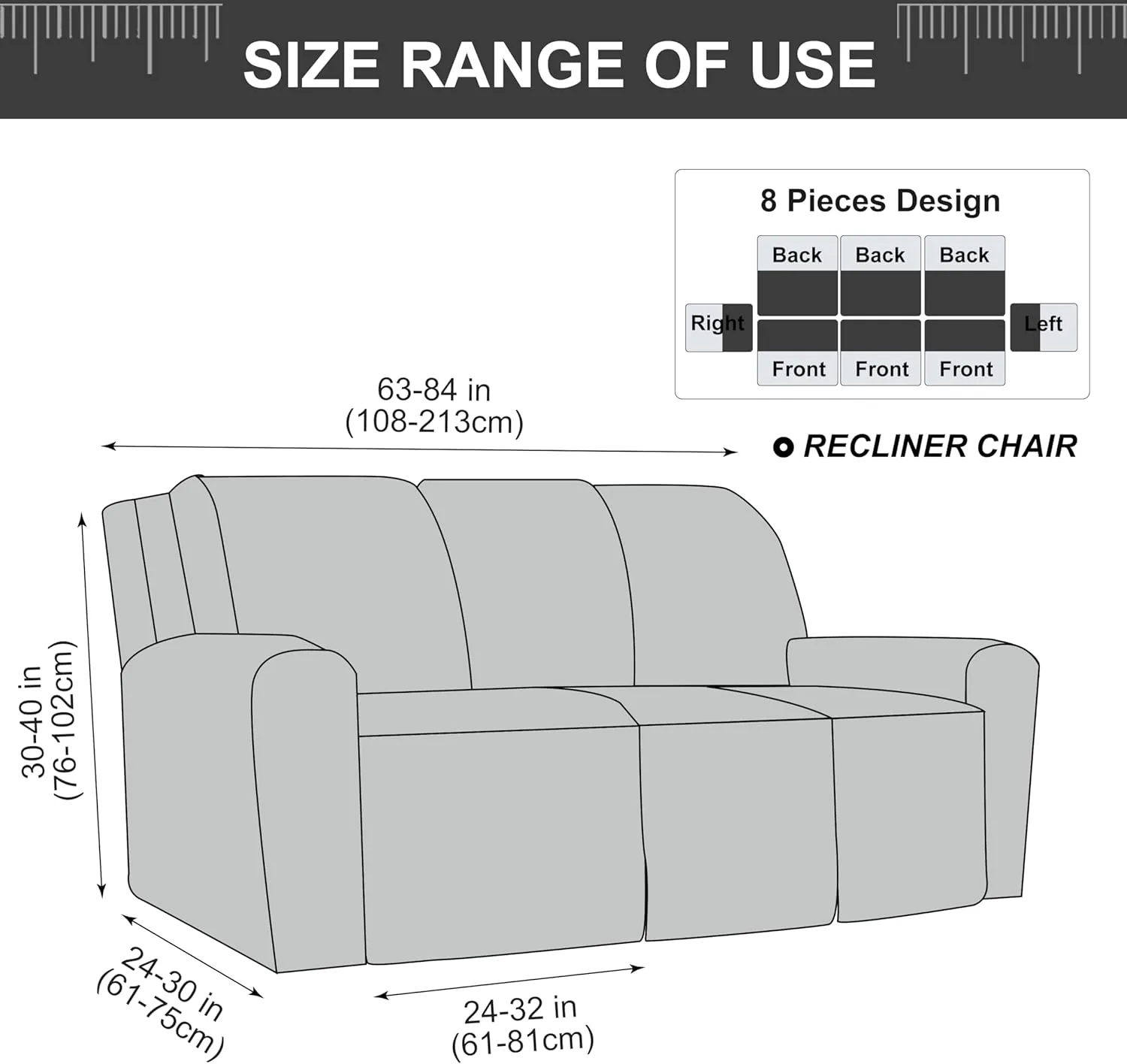 Gennia Waterproof Recliner Sofa Cover,Stretch Reclining Couch Covers with Pockets,Washable Lazy Boy Recliner Slipcovers,Leakproof Sofa Protector for Kids, Pets, Dog and Cat (3 Seat, Dark Gray)