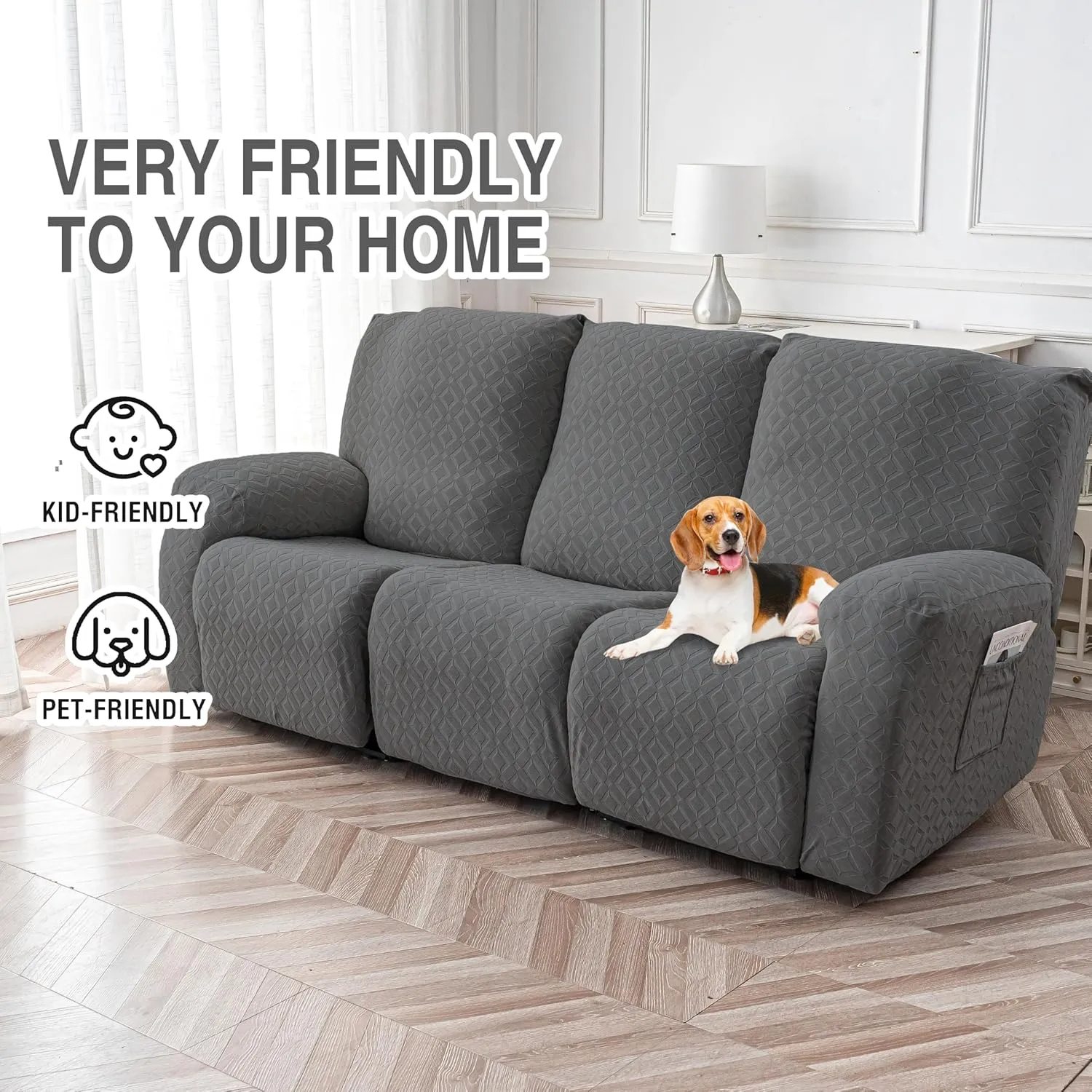 Gennia Waterproof Recliner Sofa Cover,Stretch Reclining Couch Covers with Pockets,Washable Lazy Boy Recliner Slipcovers,Leakproof Sofa Protector for Kids, Pets, Dog and Cat (3 Seat, Dark Gray)