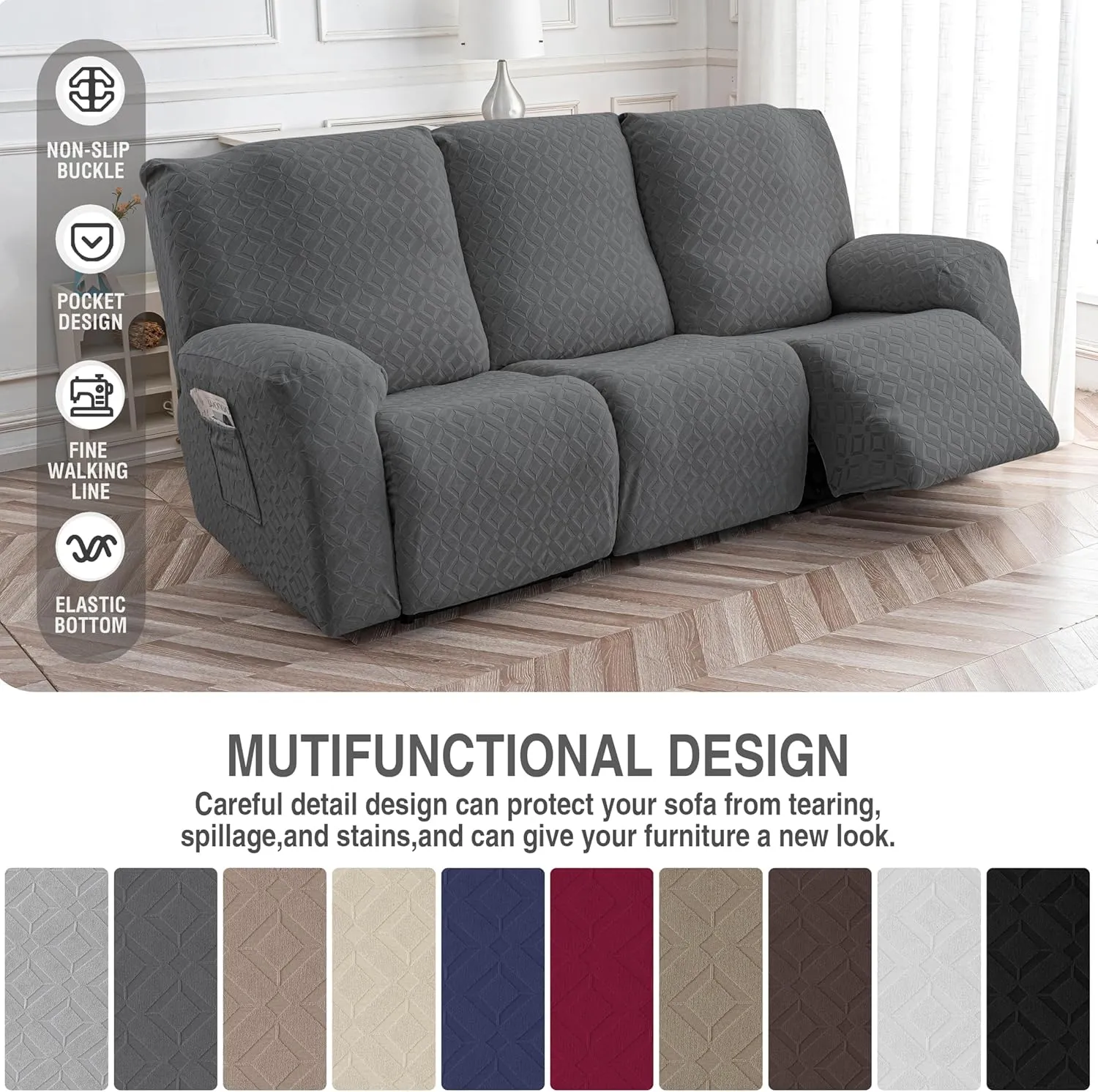 Gennia Waterproof Recliner Sofa Cover,Stretch Reclining Couch Covers with Pockets,Washable Lazy Boy Recliner Slipcovers,Leakproof Sofa Protector for Kids, Pets, Dog and Cat (3 Seat, Dark Gray)