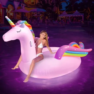 Giant Unicorn Pool Float with Lights - 100 Inch, RGB Solar Powered LED Pool Floats | Unicorn Pool Floats for Adults | Rainbow Pegasus with Handles & Cup Holder | Fast Valves Pool Floats Adult