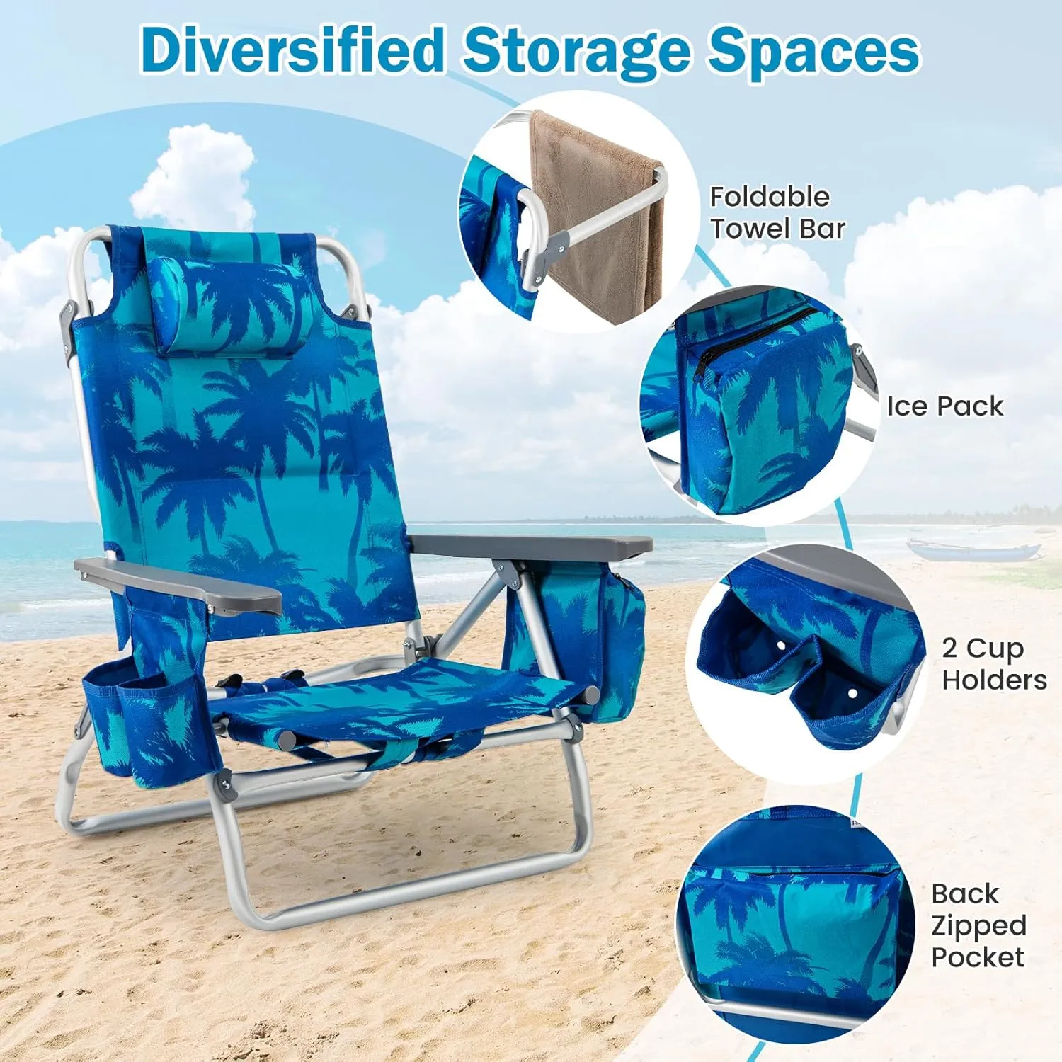 Giantex Folding Beach Chair, Patio Sling Chairs with 5 Adjustable Position, Head Pillow, Storage Bag, Towel Bar, Cup Holders, Backpack Chairs for Sunbathing, Camping Chair