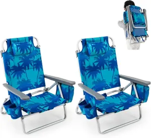 Giantex Folding Beach Chair, Patio Sling Chairs with 5 Adjustable Position, Head Pillow, Storage Bag, Towel Bar, Cup Holders, Backpack Chairs for Sunbathing, Camping Chair