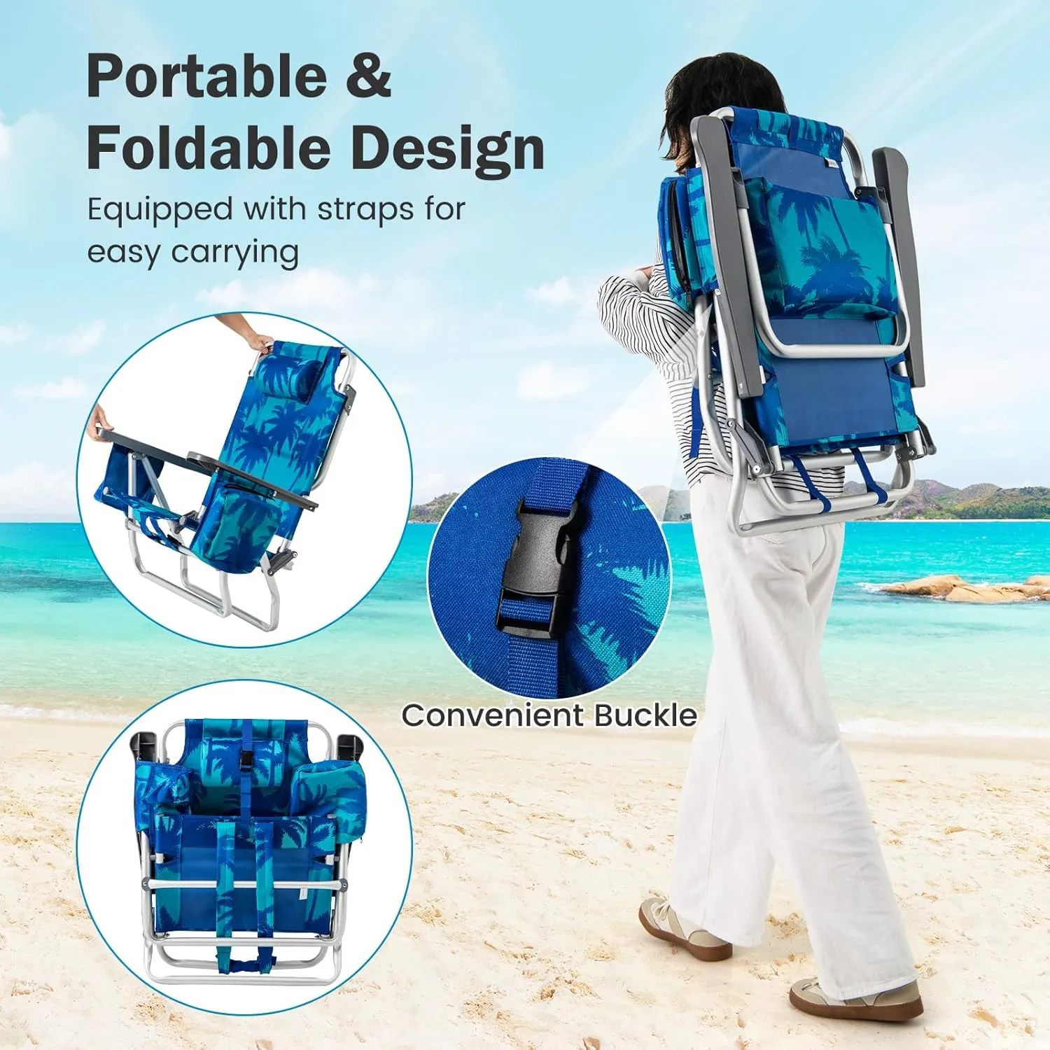 Giantex Folding Beach Chair, Patio Sling Chairs with 5 Adjustable Position, Head Pillow, Storage Bag, Towel Bar, Cup Holders, Backpack Chairs for Sunbathing, Camping Chair