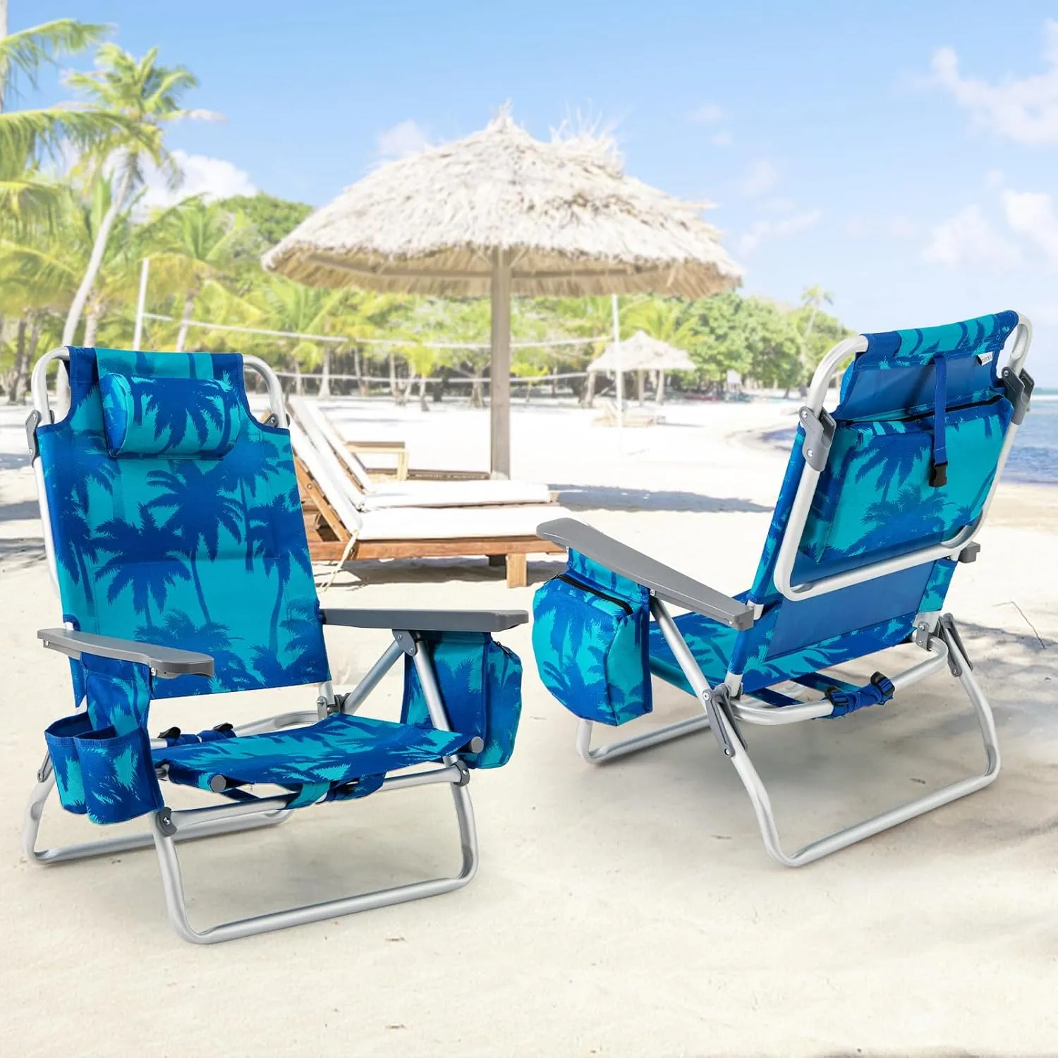 Giantex Folding Beach Chair, Patio Sling Chairs with 5 Adjustable Position, Head Pillow, Storage Bag, Towel Bar, Cup Holders, Backpack Chairs for Sunbathing, Camping Chair