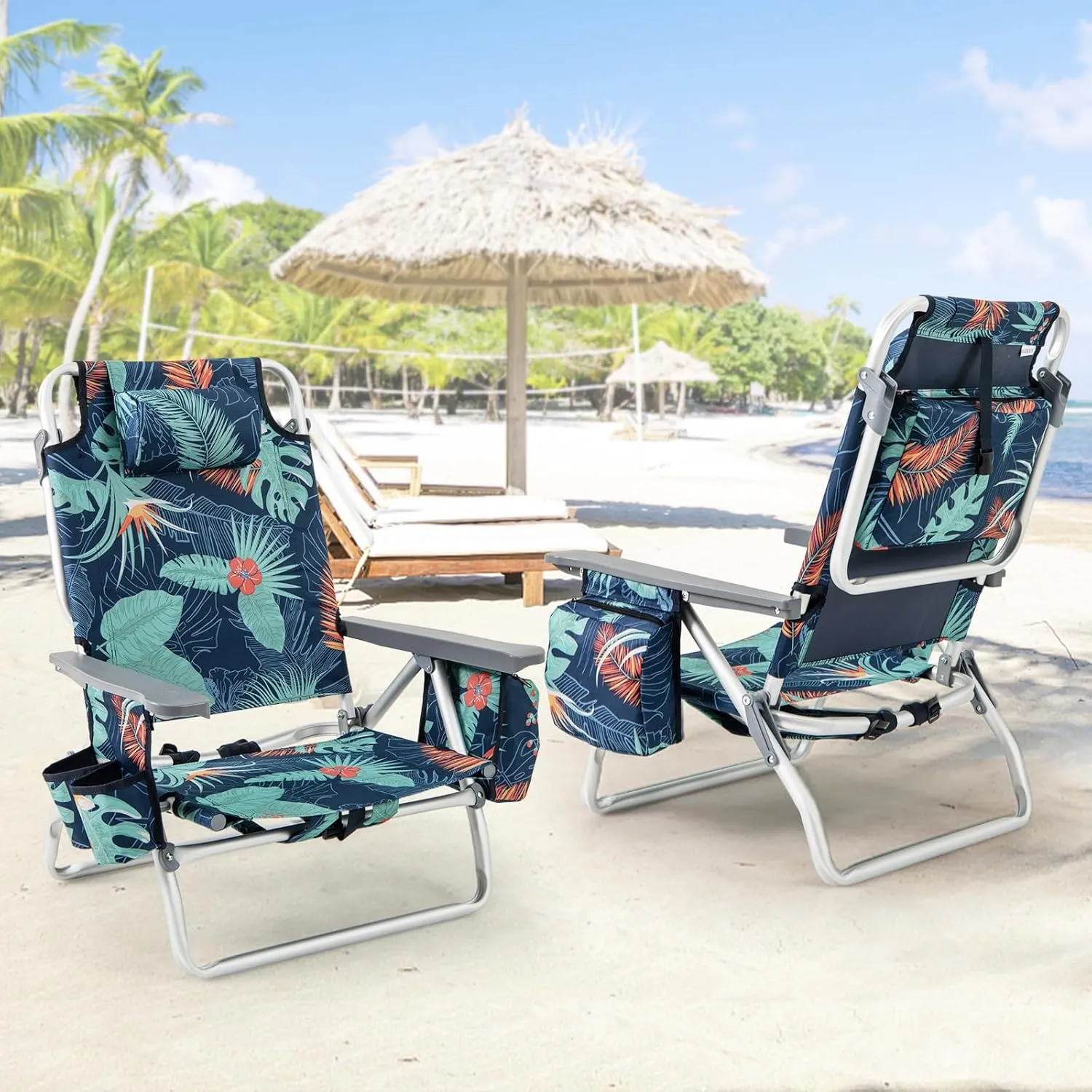 Giantex Folding Beach Chair, Patio Sling Chairs with 5 Adjustable Position, Head Pillow, Storage Bag, Towel Bar, Cup Holders, Backpack Chairs for Sunbathing, Camping Chair