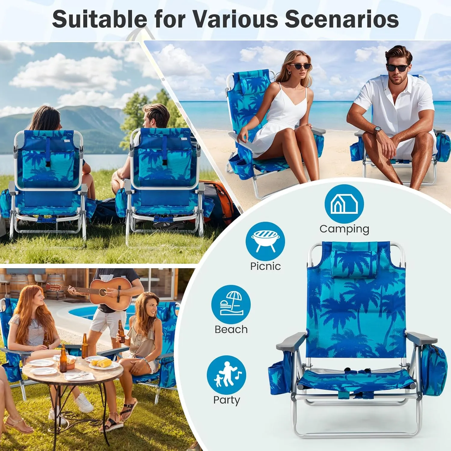 Giantex Folding Beach Chair, Patio Sling Chairs with 5 Adjustable Position, Head Pillow, Storage Bag, Towel Bar, Cup Holders, Backpack Chairs for Sunbathing, Camping Chair