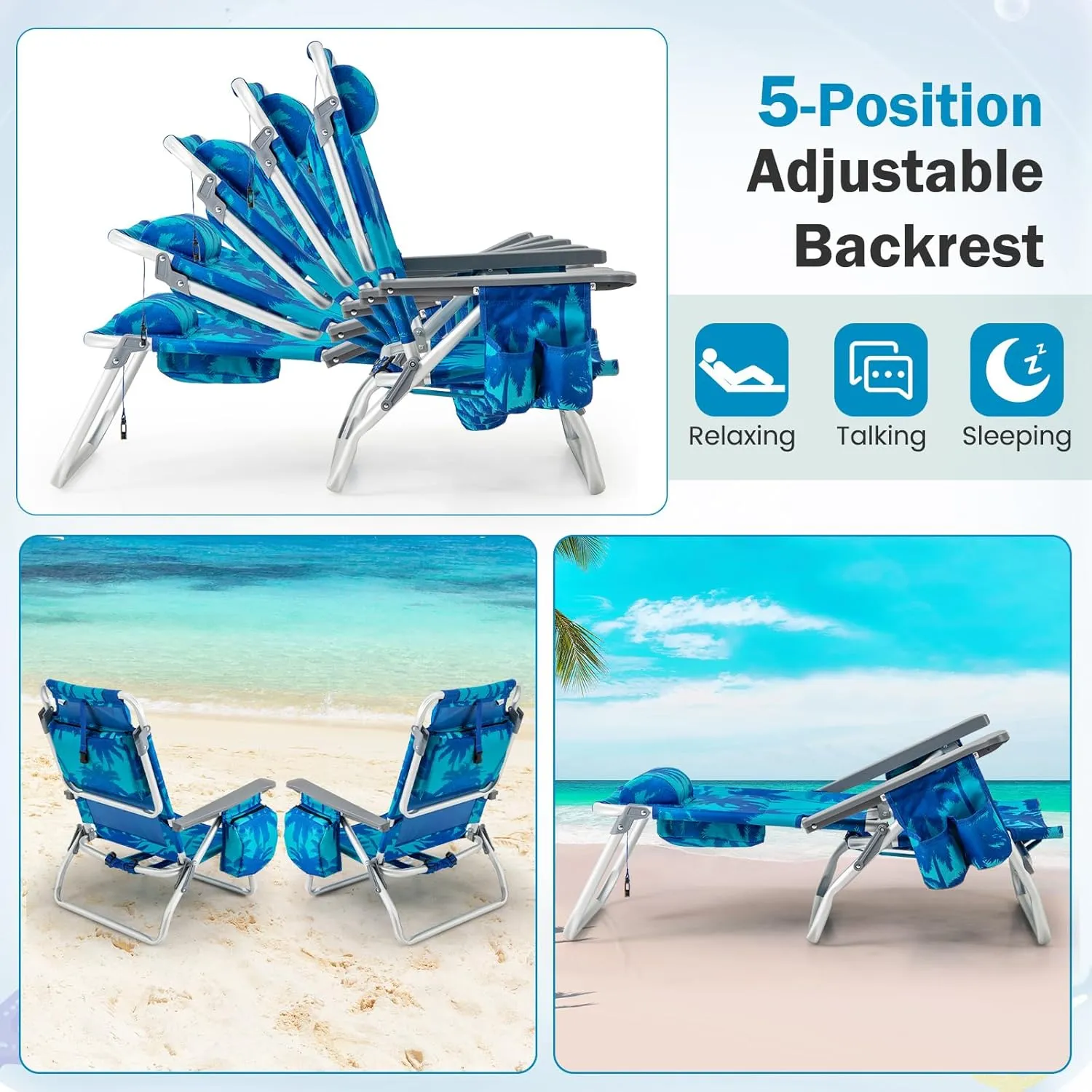 Giantex Folding Beach Chair, Patio Sling Chairs with 5 Adjustable Position, Head Pillow, Storage Bag, Towel Bar, Cup Holders, Backpack Chairs for Sunbathing, Camping Chair