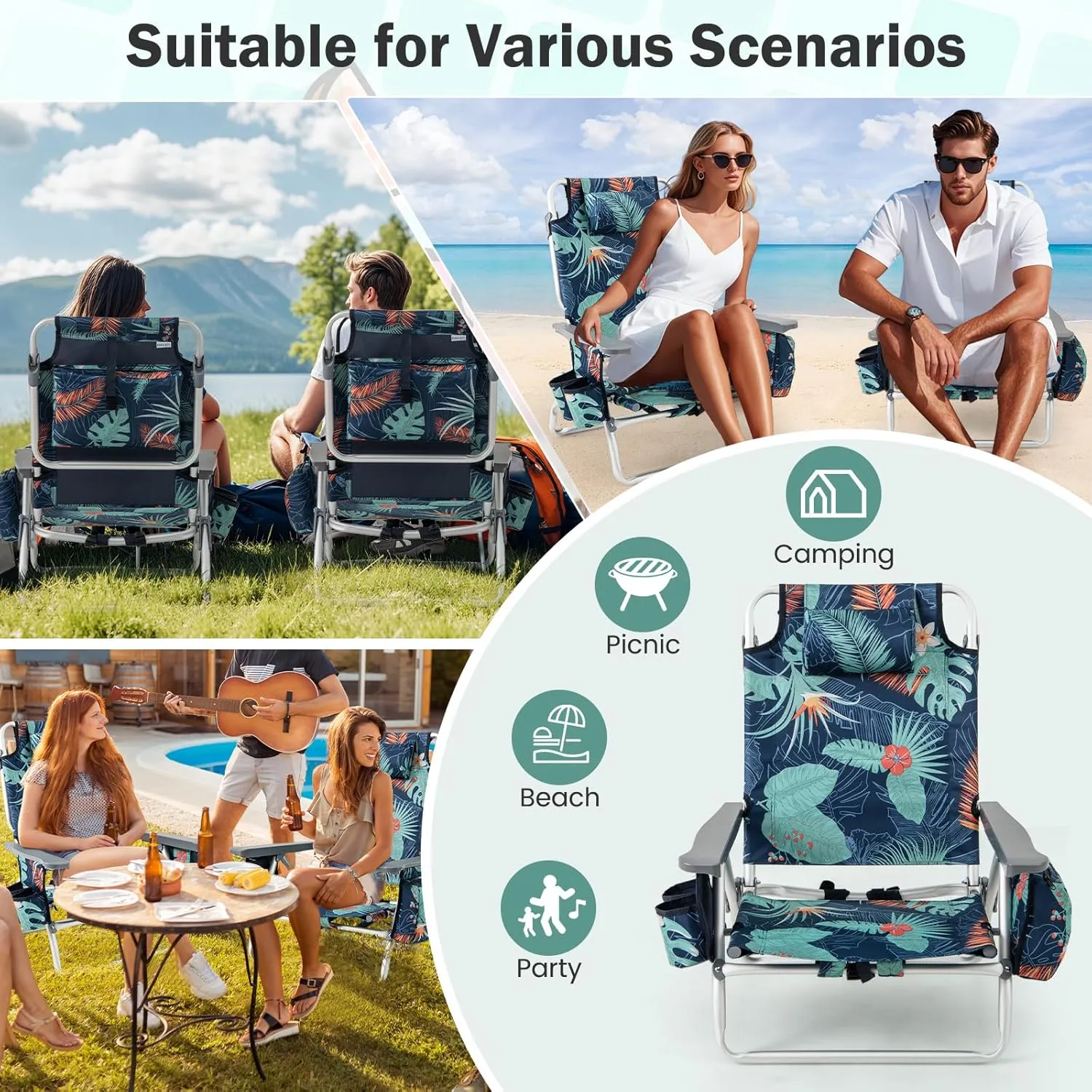 Giantex Folding Beach Chair, Patio Sling Chairs with 5 Adjustable Position, Head Pillow, Storage Bag, Towel Bar, Cup Holders, Backpack Chairs for Sunbathing, Camping Chair
