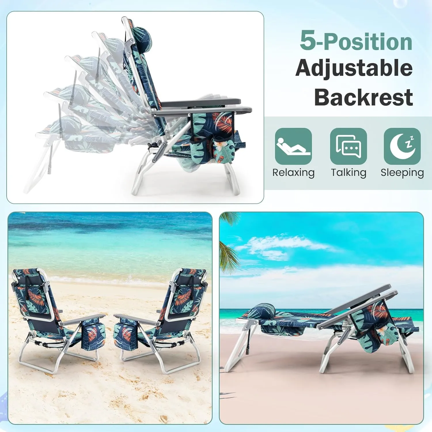 Giantex Folding Beach Chair, Patio Sling Chairs with 5 Adjustable Position, Head Pillow, Storage Bag, Towel Bar, Cup Holders, Backpack Chairs for Sunbathing, Camping Chair