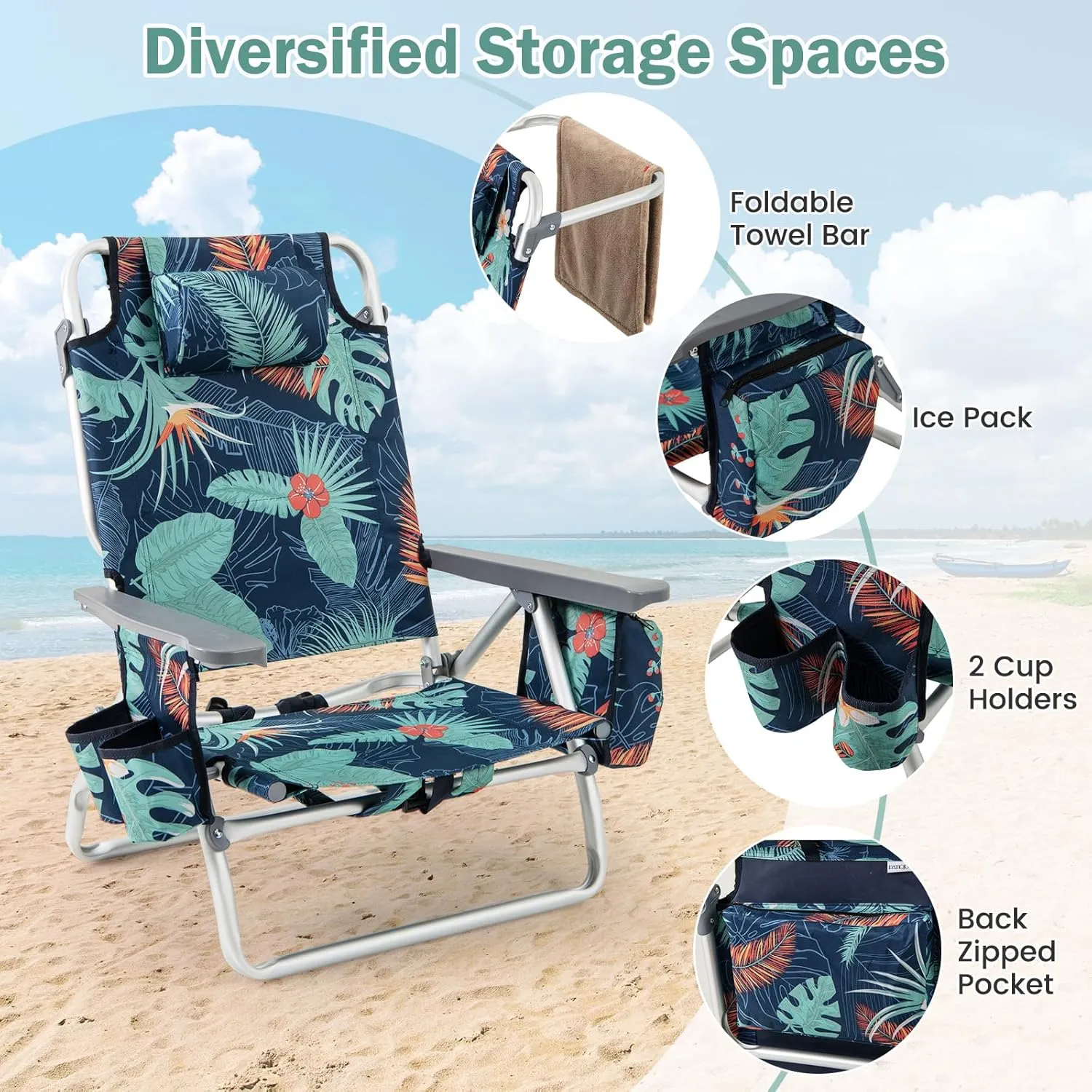 Giantex Folding Beach Chair, Patio Sling Chairs with 5 Adjustable Position, Head Pillow, Storage Bag, Towel Bar, Cup Holders, Backpack Chairs for Sunbathing, Camping Chair