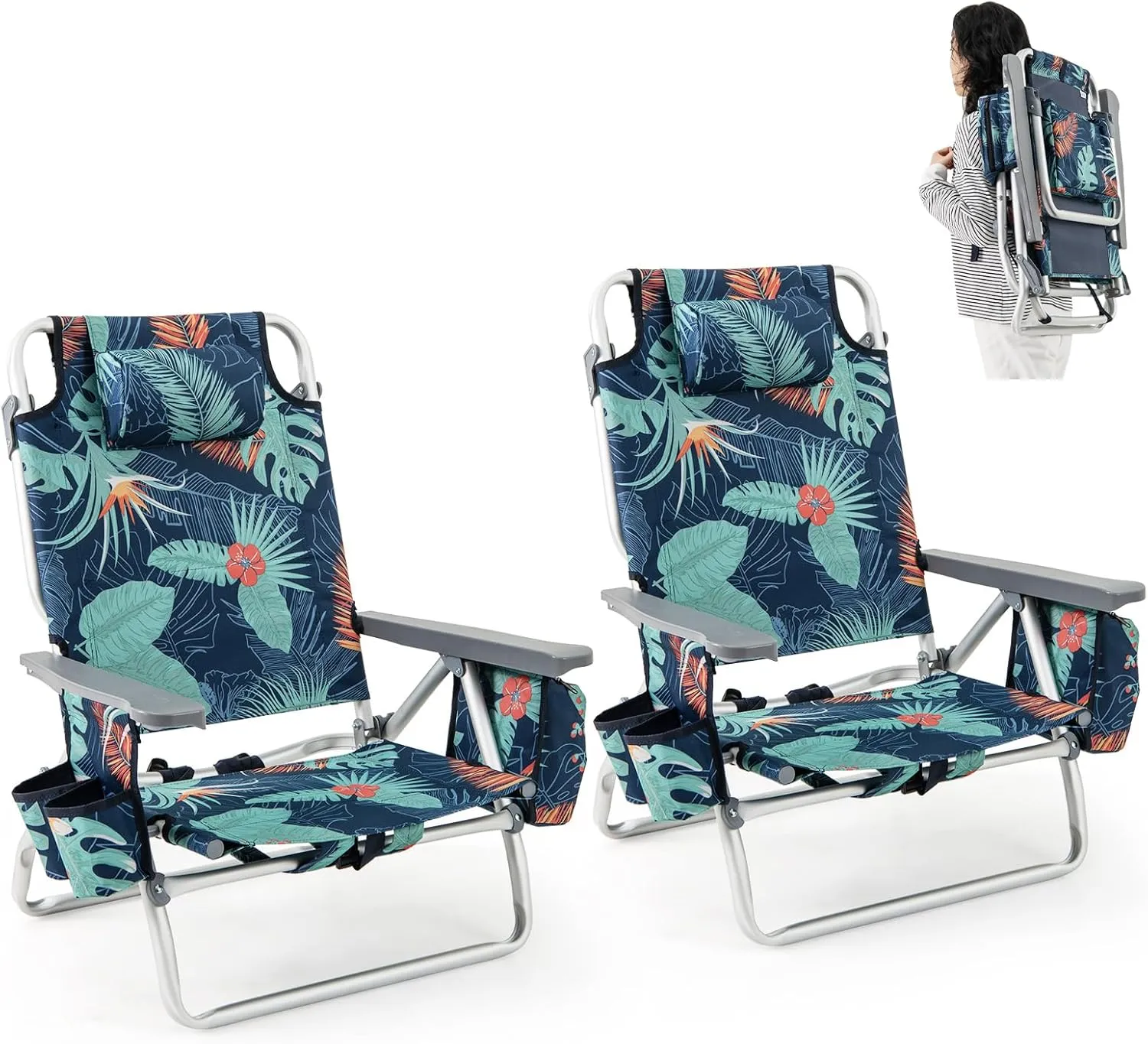 Giantex Folding Beach Chair, Patio Sling Chairs with 5 Adjustable Position, Head Pillow, Storage Bag, Towel Bar, Cup Holders, Backpack Chairs for Sunbathing, Camping Chair
