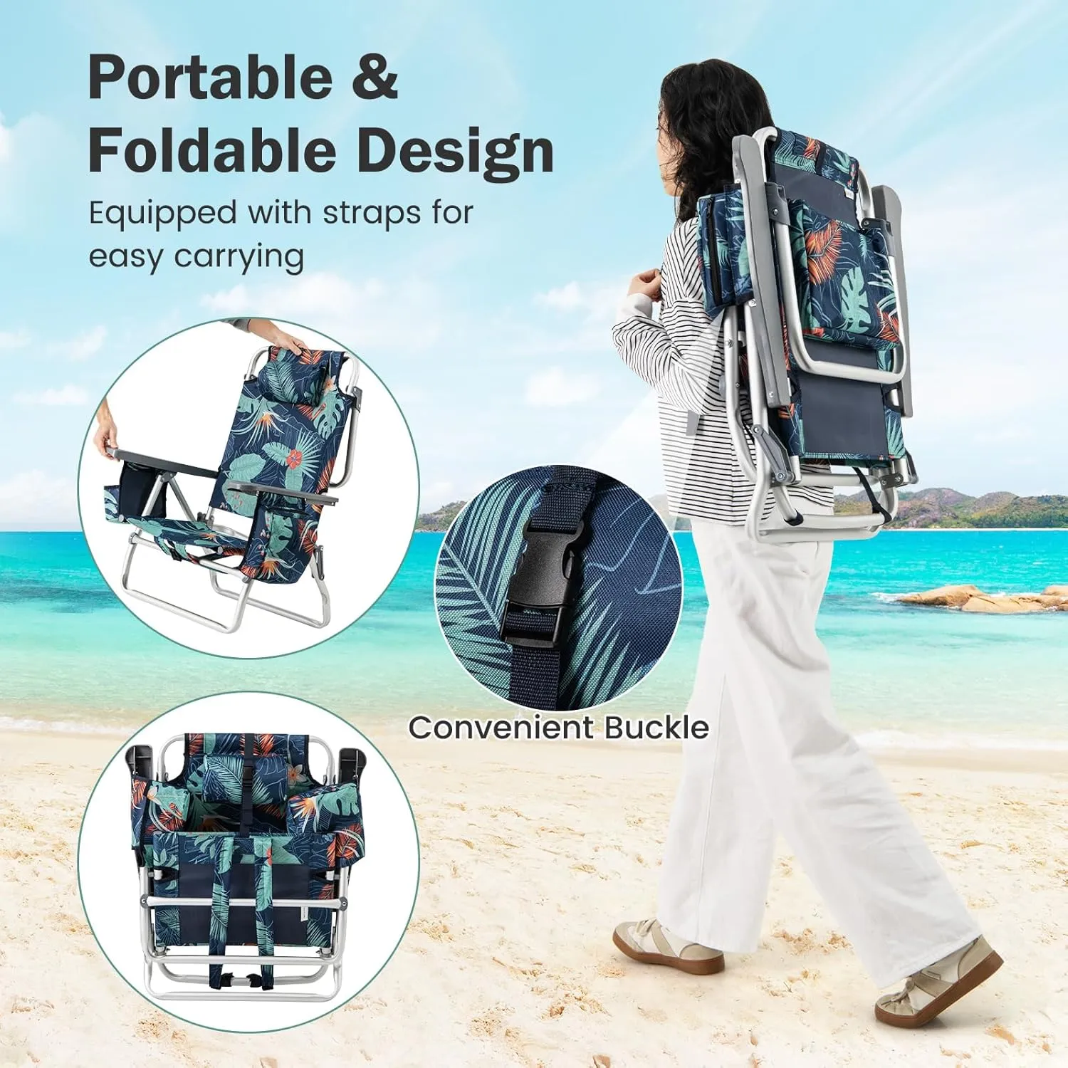 Giantex Folding Beach Chair, Patio Sling Chairs with 5 Adjustable Position, Head Pillow, Storage Bag, Towel Bar, Cup Holders, Backpack Chairs for Sunbathing, Camping Chair