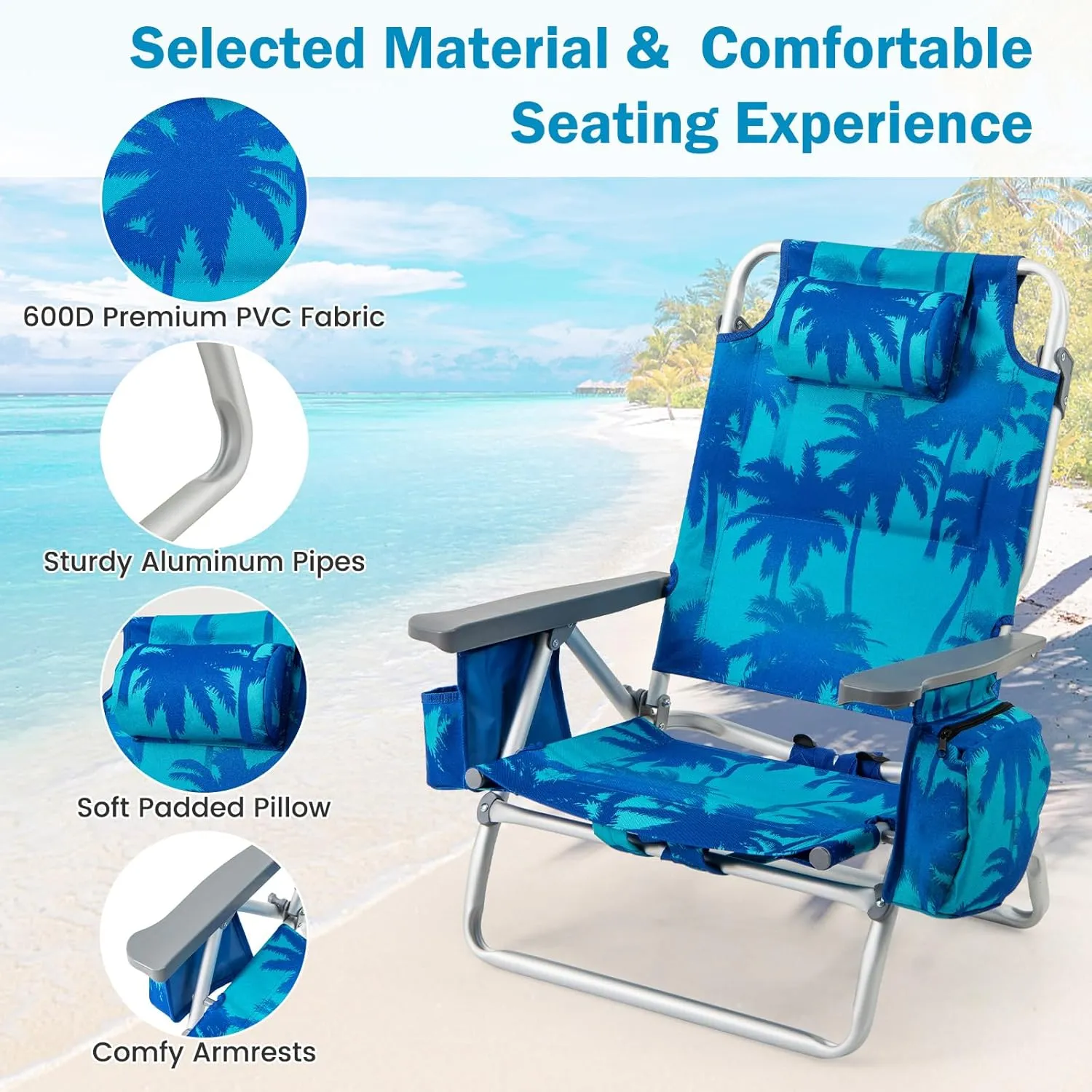 Giantex Folding Beach Chair, Patio Sling Chairs with 5 Adjustable Position, Head Pillow, Storage Bag, Towel Bar, Cup Holders, Backpack Chairs for Sunbathing, Camping Chair