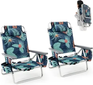 Giantex Folding Beach Chair, Patio Sling Chairs with 5 Adjustable Position, Head Pillow, Storage Bag, Towel Bar, Cup Holders, Backpack Chairs for Sunbathing, Camping Chair