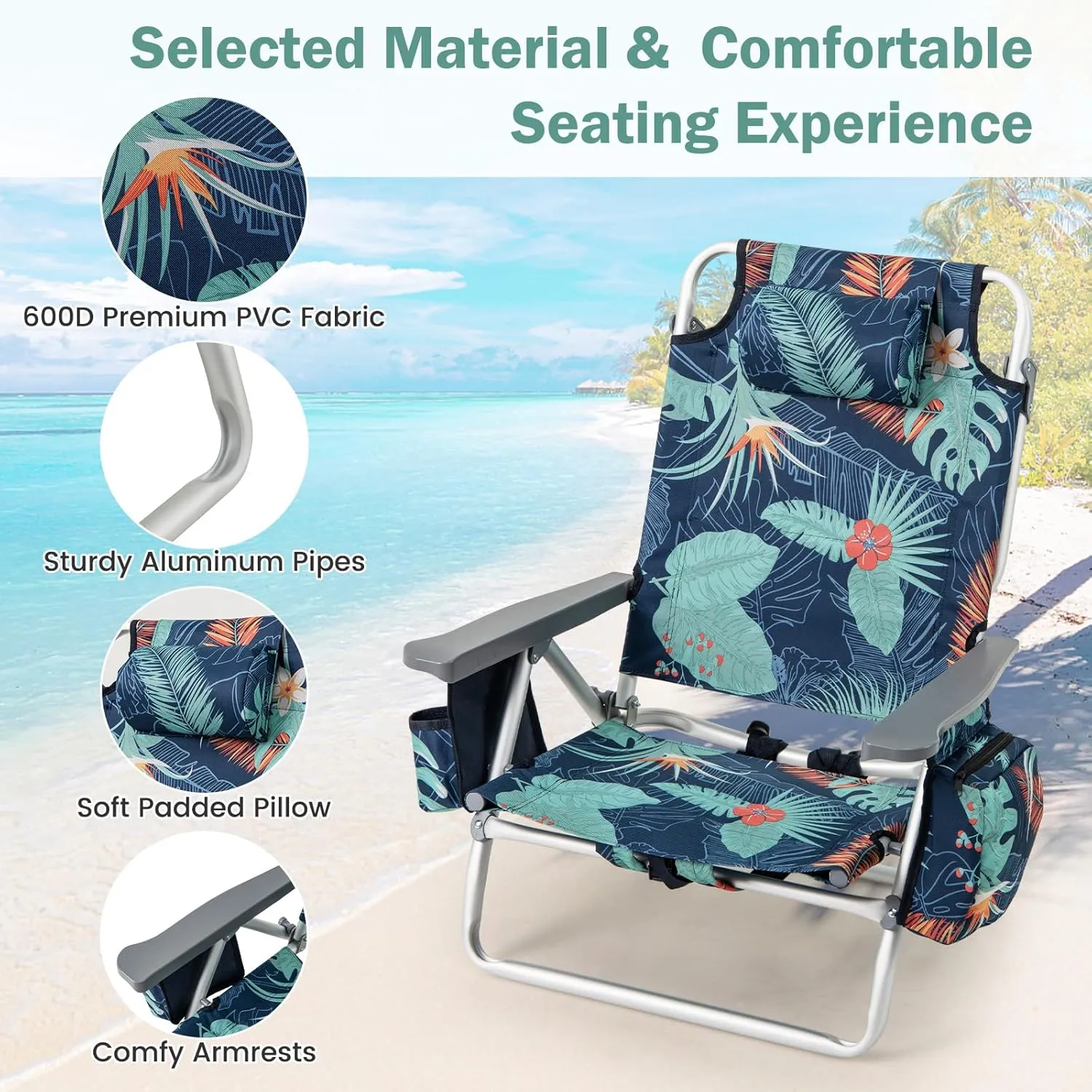 Giantex Folding Beach Chair, Patio Sling Chairs with 5 Adjustable Position, Head Pillow, Storage Bag, Towel Bar, Cup Holders, Backpack Chairs for Sunbathing, Camping Chair