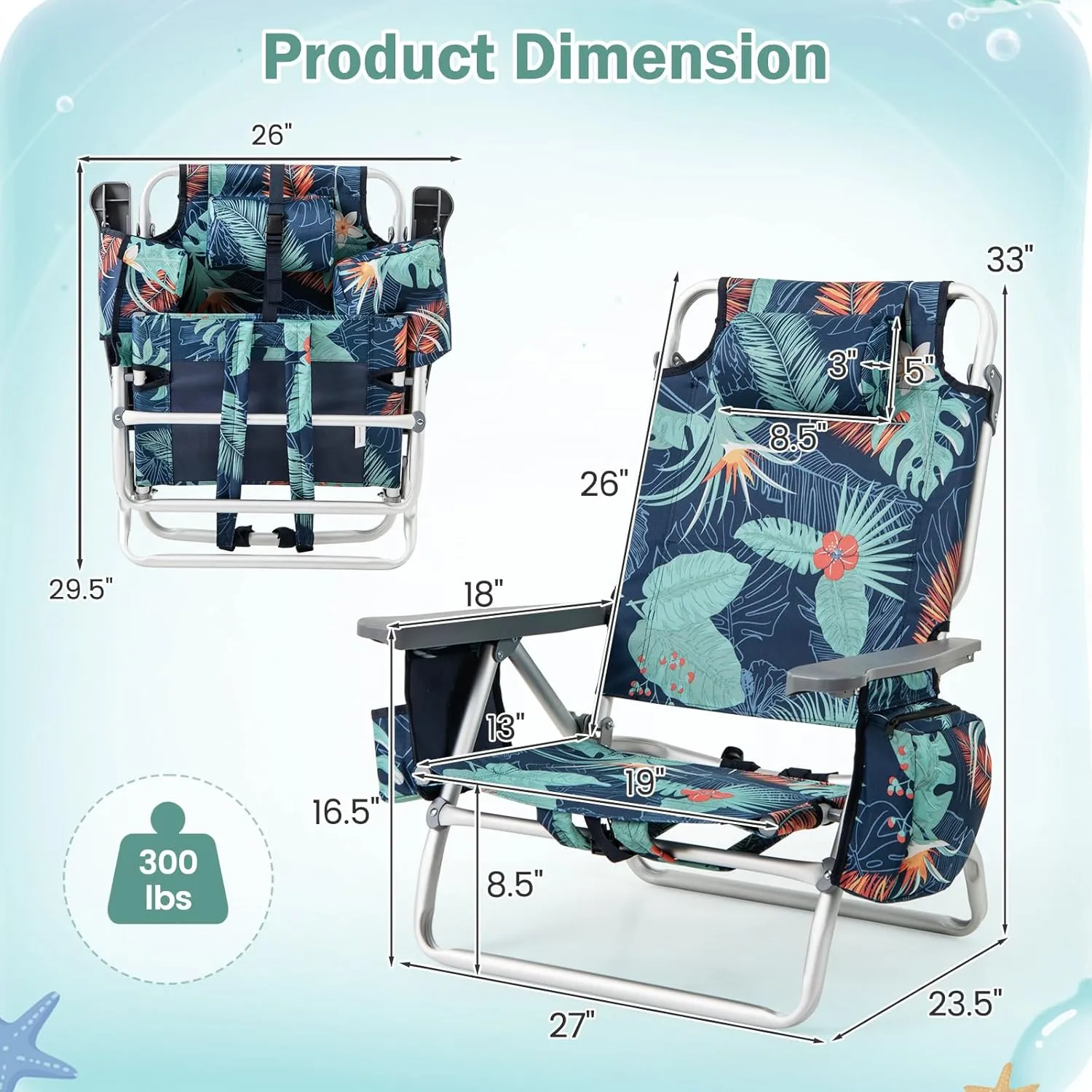 Giantex Folding Beach Chair, Patio Sling Chairs with 5 Adjustable Position, Head Pillow, Storage Bag, Towel Bar, Cup Holders, Backpack Chairs for Sunbathing, Camping Chair