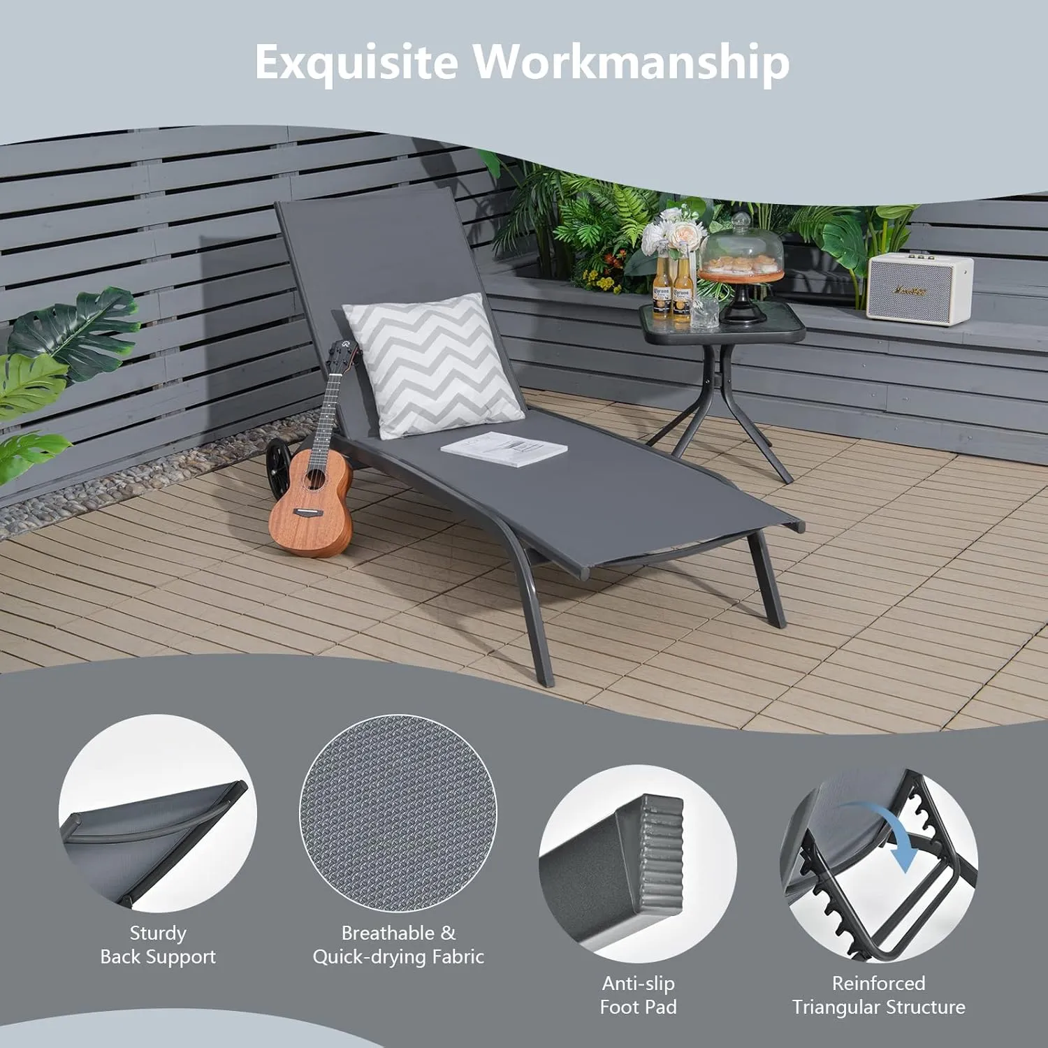 Giantex Patio Lounge Chairs for Pool Area, Outdoor Chaise Lounger with 6 Adjustable Position Smooth Wheels and Quick-Drying Fabric, Lawn Recliner for Backyard, Garden Sunbathing Chair (1, Gray)
