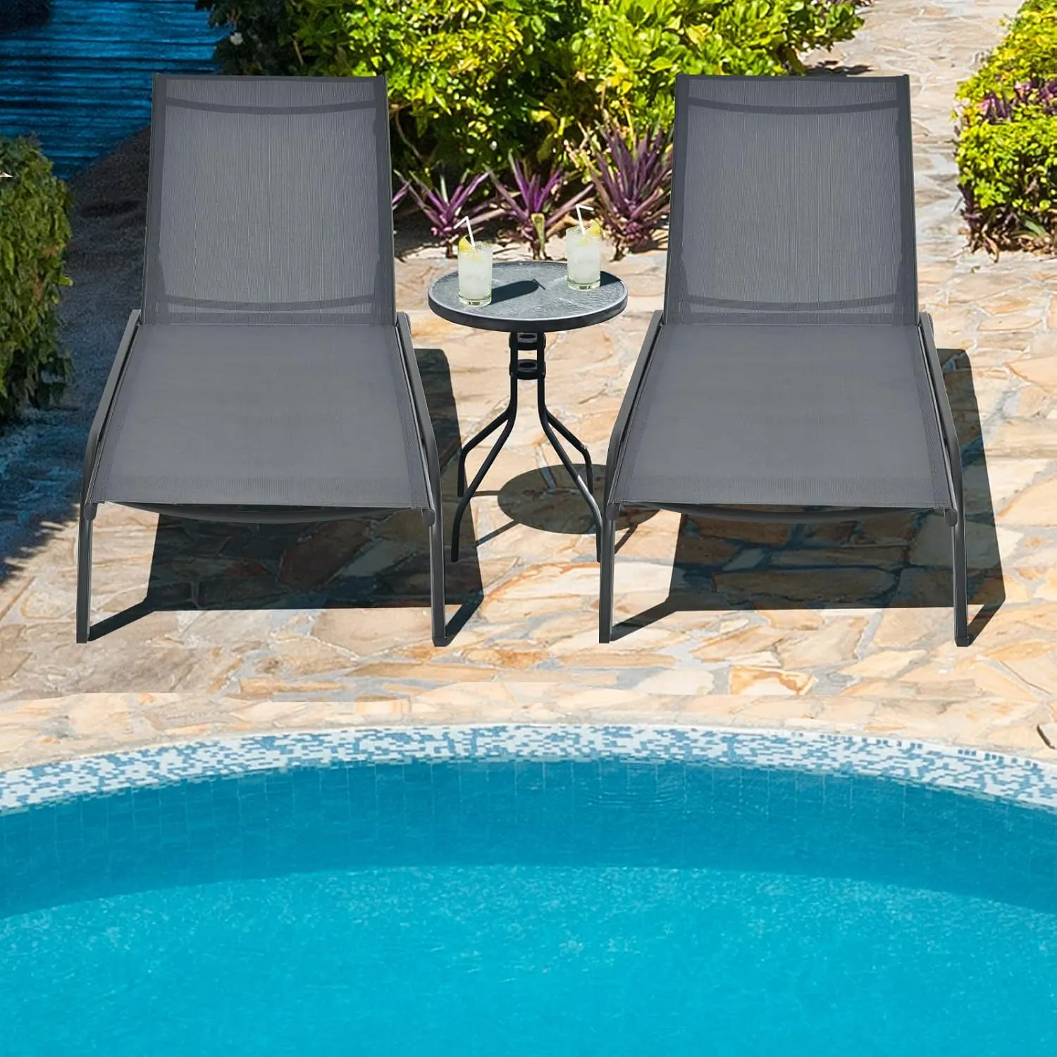 Giantex Patio Lounge Chairs for Pool Area, Outdoor Chaise Lounger with 6 Adjustable Position Smooth Wheels and Quick-Drying Fabric, Lawn Recliner for Backyard, Garden Sunbathing Chair (1, Gray)