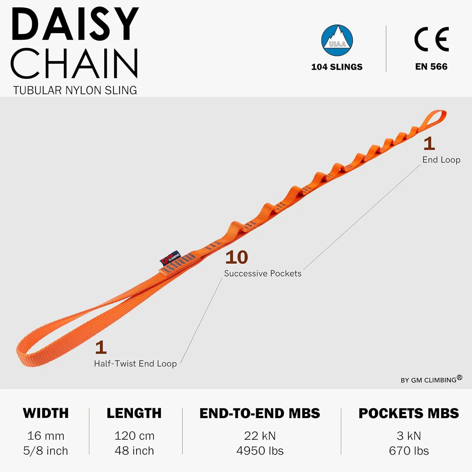 GM CLIMBING 16mm Nylon Daisy Chain Sling 22kN 120cm / 48in CE UIAA Certified for Leading Aid Climb Ascender Rigging Hammock Suspension