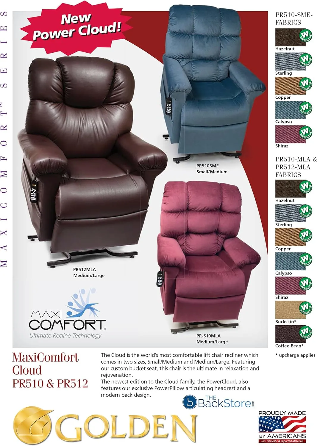 Golden Technologies Cloud PR510 MLA Medium/Large Dual Motor Infinite Position Lift Chair Zero Gravity Recliner - Coffee Bean Leather with Heat and Massage