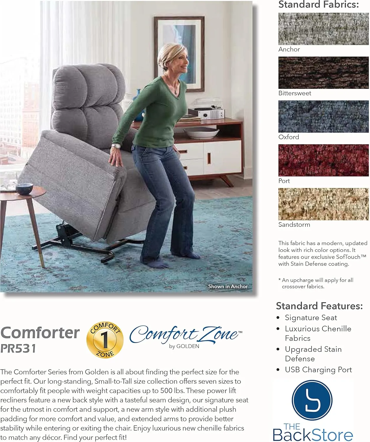 Golden Technologies Comforter Series PR-531-LAR Large PR531 375 lb. Weight Capacity 3 Position Power Lift Chair Recliner - Port Red Fabric