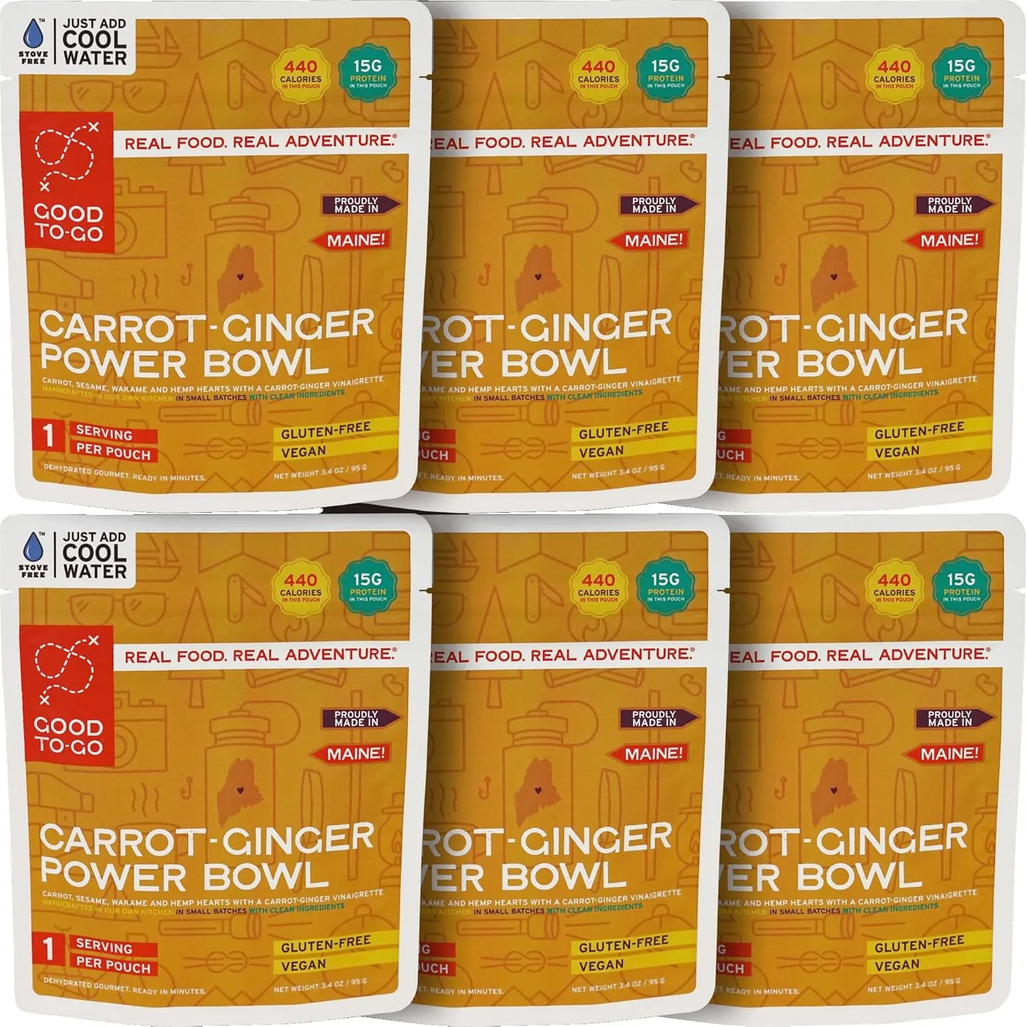 GOOD TO-GO Carrot-Ginger Power Bowl Stove-Free™ (6-Pack of Single Servings) | No Stove Required! Camping & Backpacking Food | Just Add Water Backpacking Meals | Good To-Go Dehydrated Meals Taste Better Than Freeze Dried Food