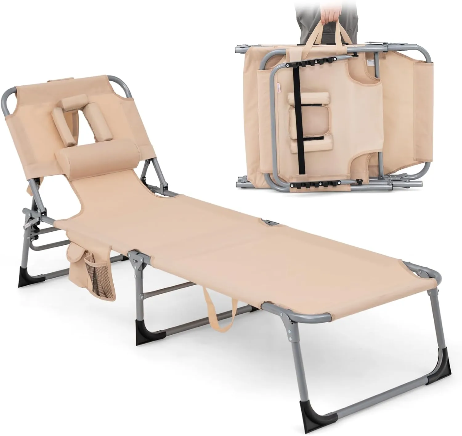 Goplus Tanning Chair, Folding Adjustable Patio Lounge Chair with Face Hole, Removable Pillow, 330LBS, Carry Strap, Outdoor Sunbathing Chair, Lightweight Portable Beach Lounge Chair (1, Beige)