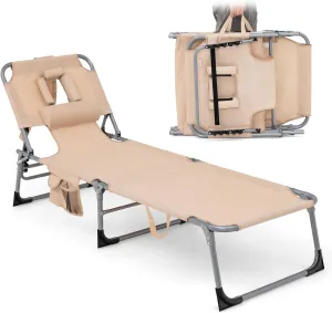 Goplus Tanning Chair, Folding Adjustable Patio Lounge Chair with Face Hole, Removable Pillow, 330LBS, Carry Strap, Outdoor Sunbathing Chair, Lightweight Portable Beach Lounge Chair (1, Beige)