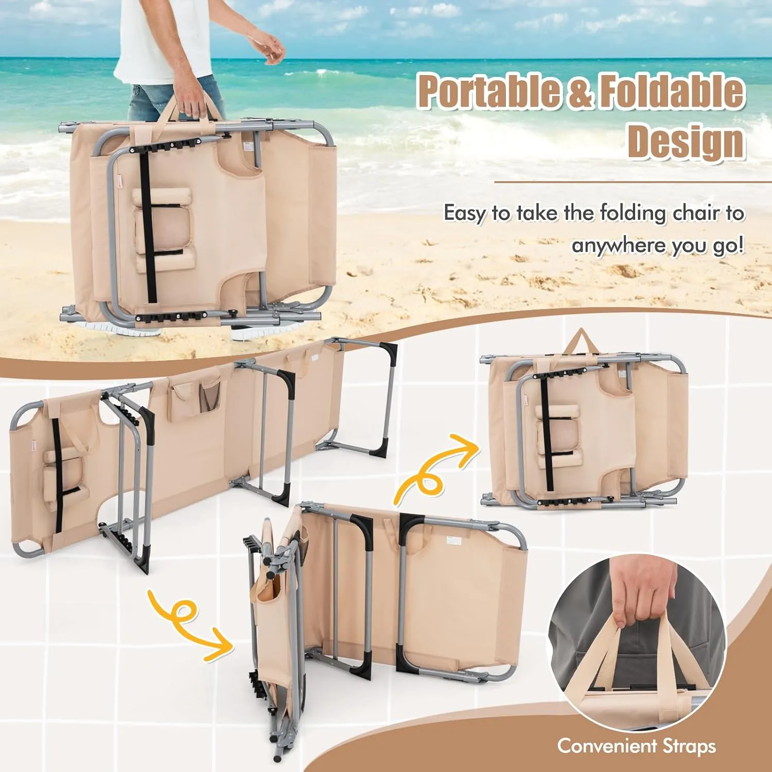 Goplus Tanning Chair, Folding Adjustable Patio Lounge Chair with Face Hole, Removable Pillow, 330LBS, Carry Strap, Outdoor Sunbathing Chair, Lightweight Portable Beach Lounge Chair (1, Beige)