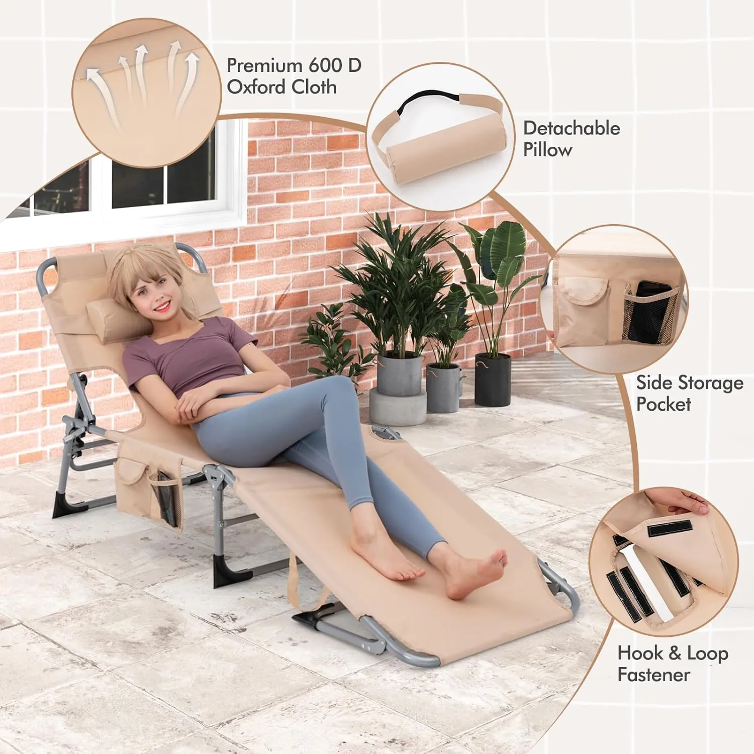 Goplus Tanning Chair, Folding Adjustable Patio Lounge Chair with Face Hole, Removable Pillow, 330LBS, Carry Strap, Outdoor Sunbathing Chair, Lightweight Portable Beach Lounge Chair (1, Beige)