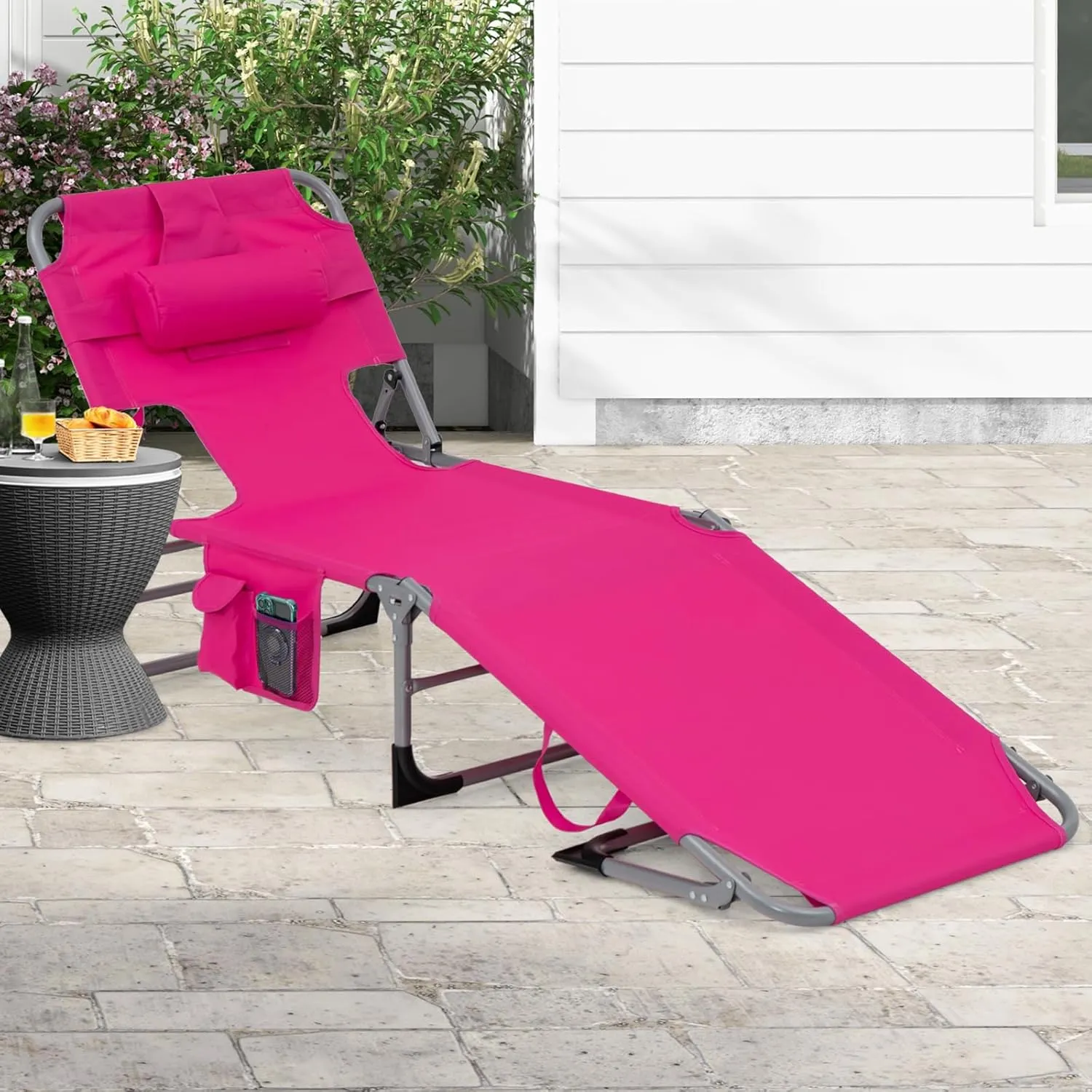 Goplus Tanning Chair, Folding Adjustable Patio Lounge Chair with Face Hole, Removable Pillow, 330LBS, Carry Strap, Outdoor Sunbathing Chair, Lightweight Portable Beach Lounge Chair, No Assembly