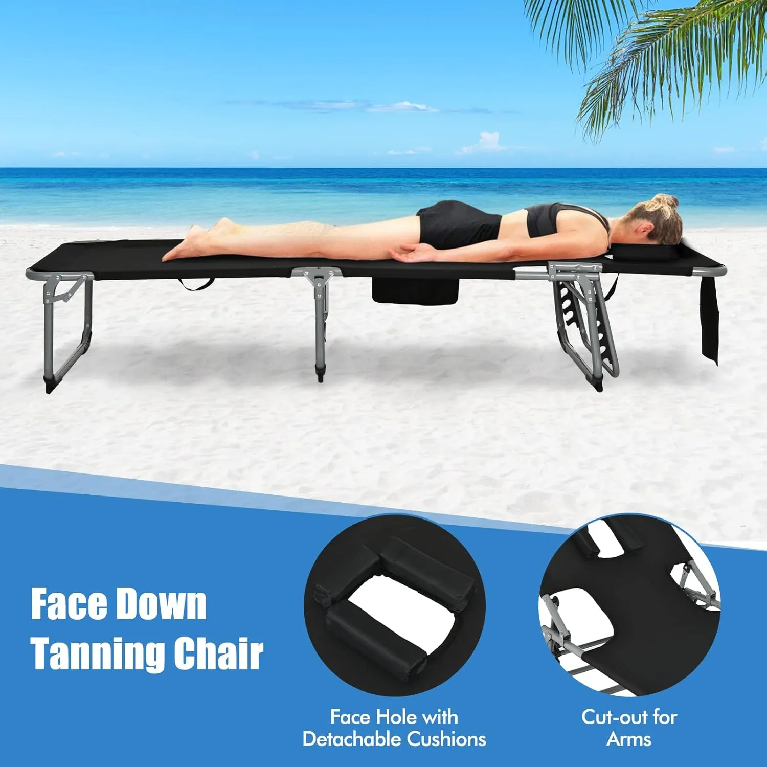 Goplus Tanning Chair, Folding Adjustable Patio Lounge Chair with Face Hole, Removable Pillow, 330LBS, Carry Strap, Outdoor Sunbathing Chair, Lightweight Portable Beach Lounge Chair, No Assembly