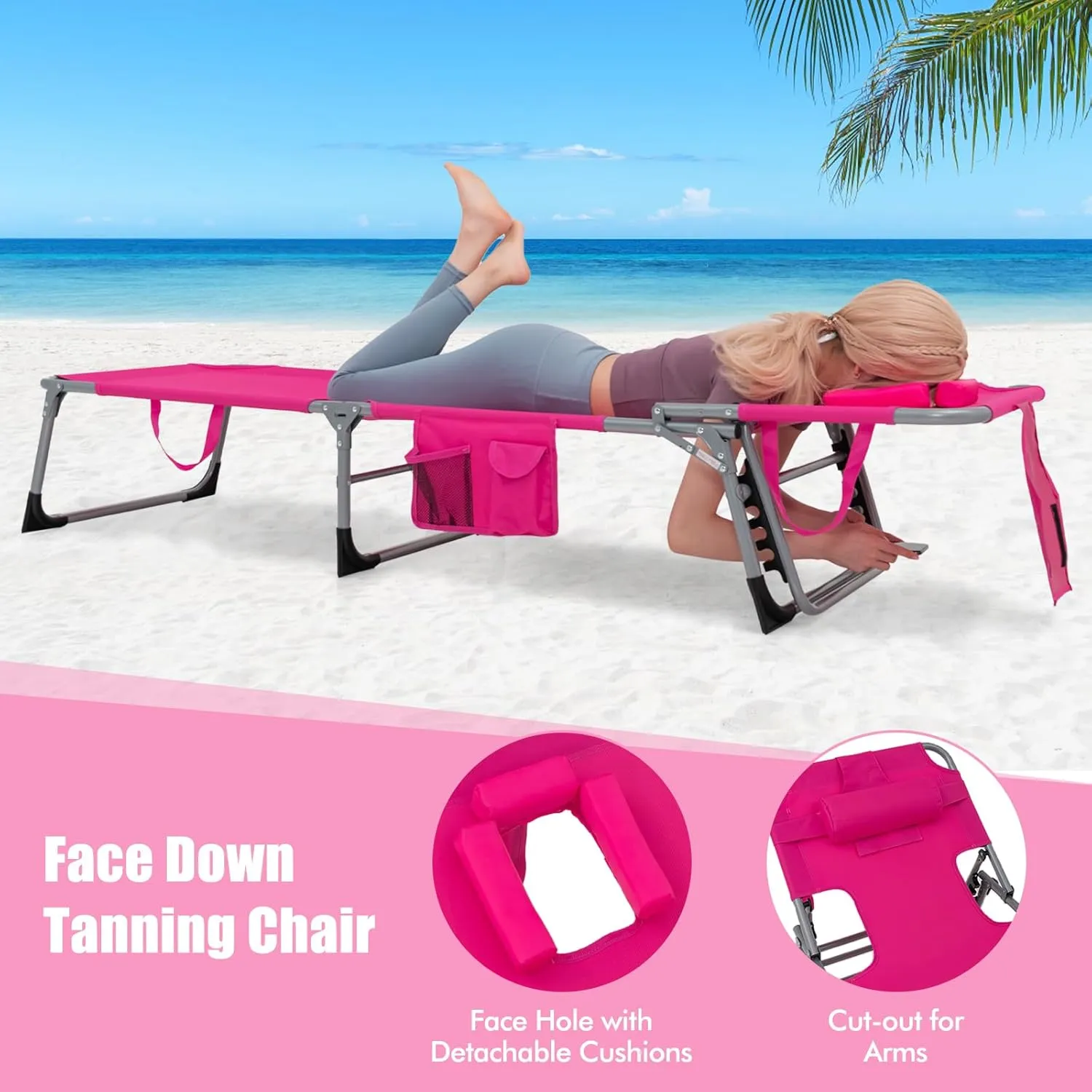 Goplus Tanning Chair, Folding Adjustable Patio Lounge Chair with Face Hole, Removable Pillow, 330LBS, Carry Strap, Outdoor Sunbathing Chair, Lightweight Portable Beach Lounge Chair, No Assembly