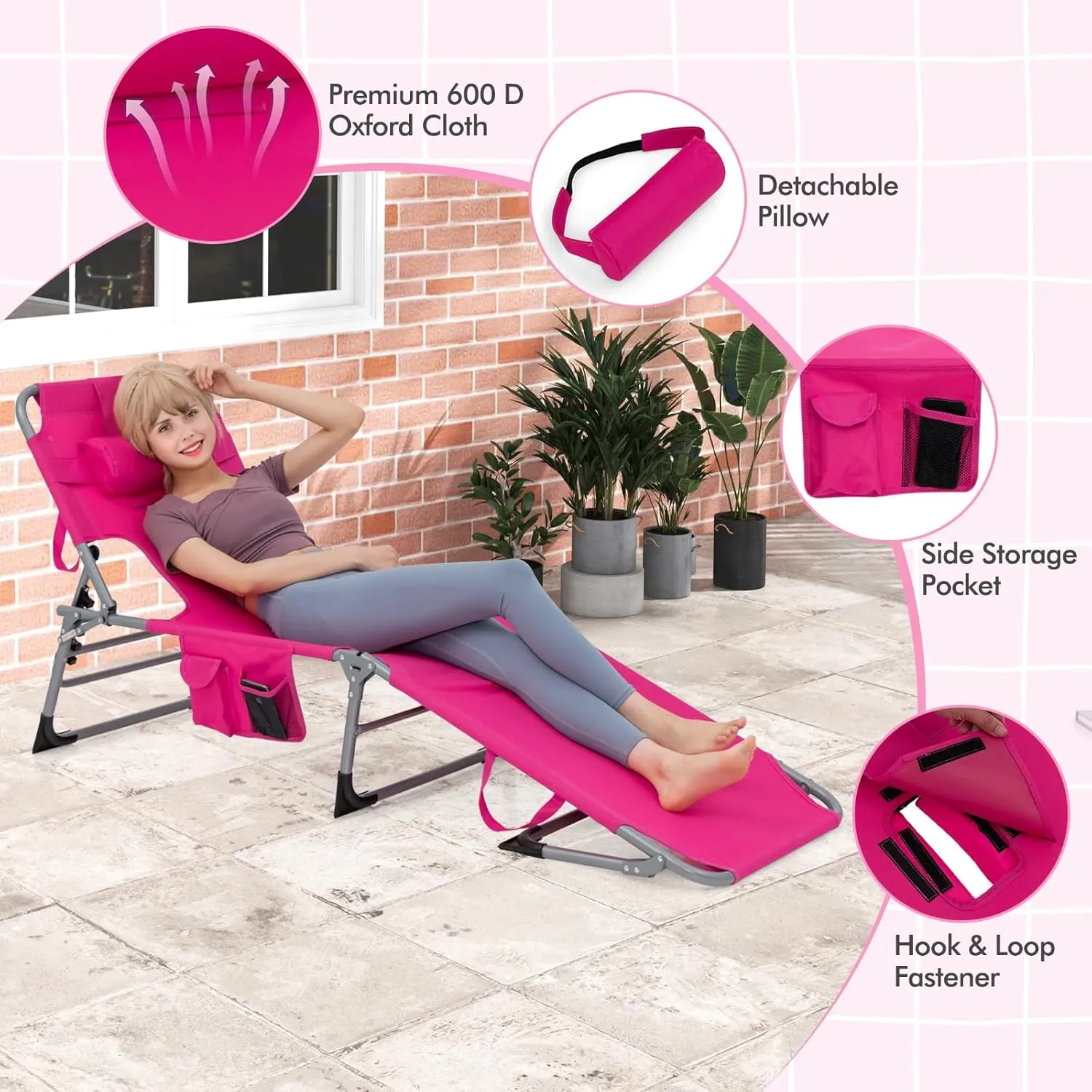 Goplus Tanning Chair, Folding Adjustable Patio Lounge Chair with Face Hole, Removable Pillow, 330LBS, Carry Strap, Outdoor Sunbathing Chair, Lightweight Portable Beach Lounge Chair, No Assembly