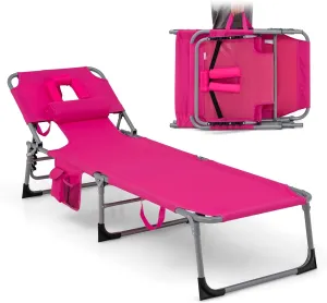 Goplus Tanning Chair, Folding Adjustable Patio Lounge Chair with Face Hole, Removable Pillow, 330LBS, Carry Strap, Outdoor Sunbathing Chair, Lightweight Portable Beach Lounge Chair, No Assembly