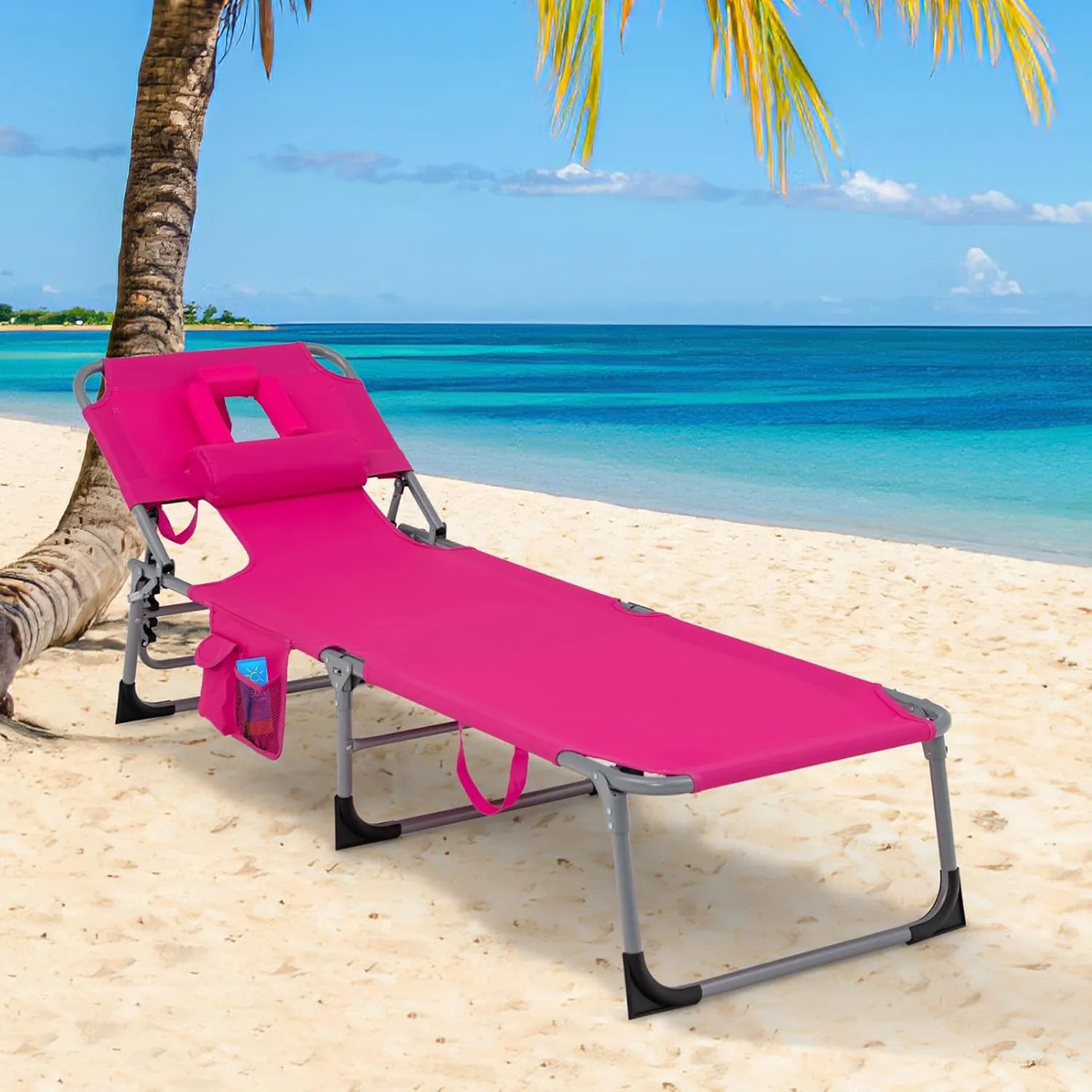 Goplus Tanning Chair, Folding Adjustable Patio Lounge Chair with Face Hole, Removable Pillow, 330LBS, Carry Strap, Outdoor Sunbathing Chair, Lightweight Portable Beach Lounge Chair, No Assembly