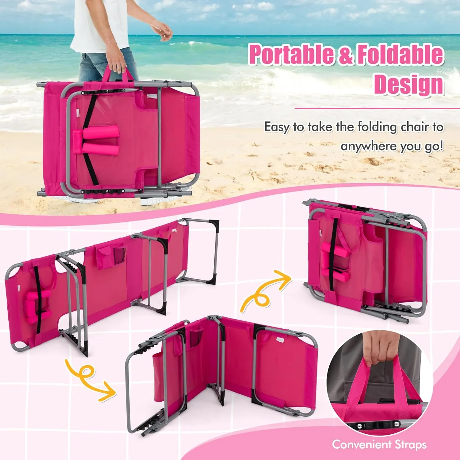 Goplus Tanning Chair, Folding Adjustable Patio Lounge Chair with Face Hole, Removable Pillow, 330LBS, Carry Strap, Outdoor Sunbathing Chair, Lightweight Portable Beach Lounge Chair, No Assembly