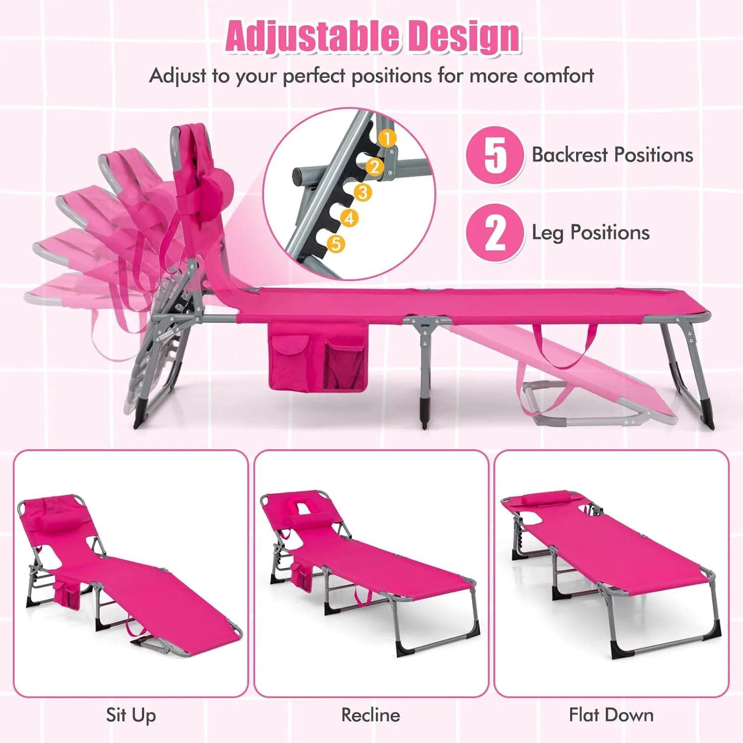Goplus Tanning Chair, Folding Adjustable Patio Lounge Chair with Face Hole, Removable Pillow, 330LBS, Carry Strap, Outdoor Sunbathing Chair, Lightweight Portable Beach Lounge Chair, No Assembly