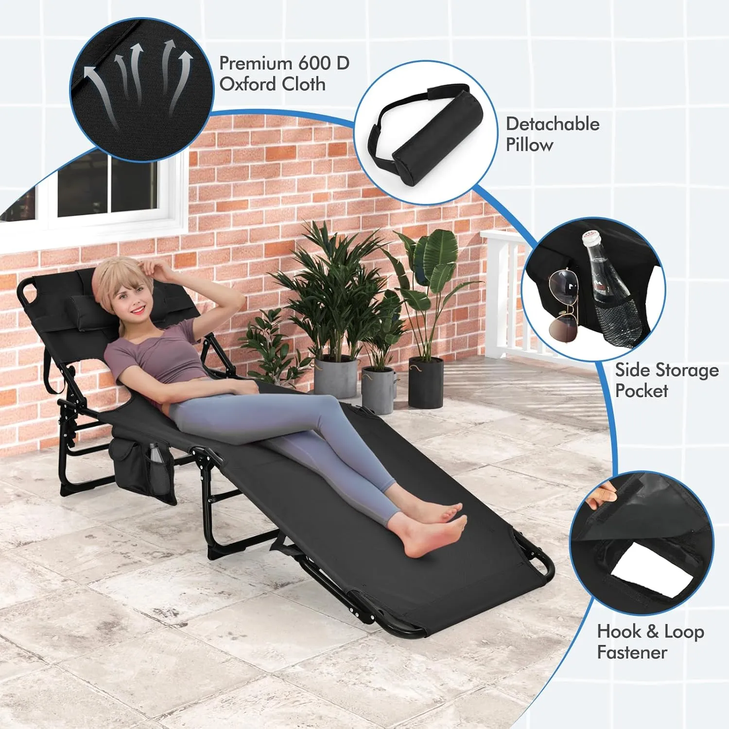 Goplus Tanning Chair, Folding Adjustable Patio Lounge Chair with Face Hole, Removable Pillow, 330LBS, Carry Strap, Outdoor Sunbathing Chair, Lightweight Portable Beach Lounge Chair, No Assembly