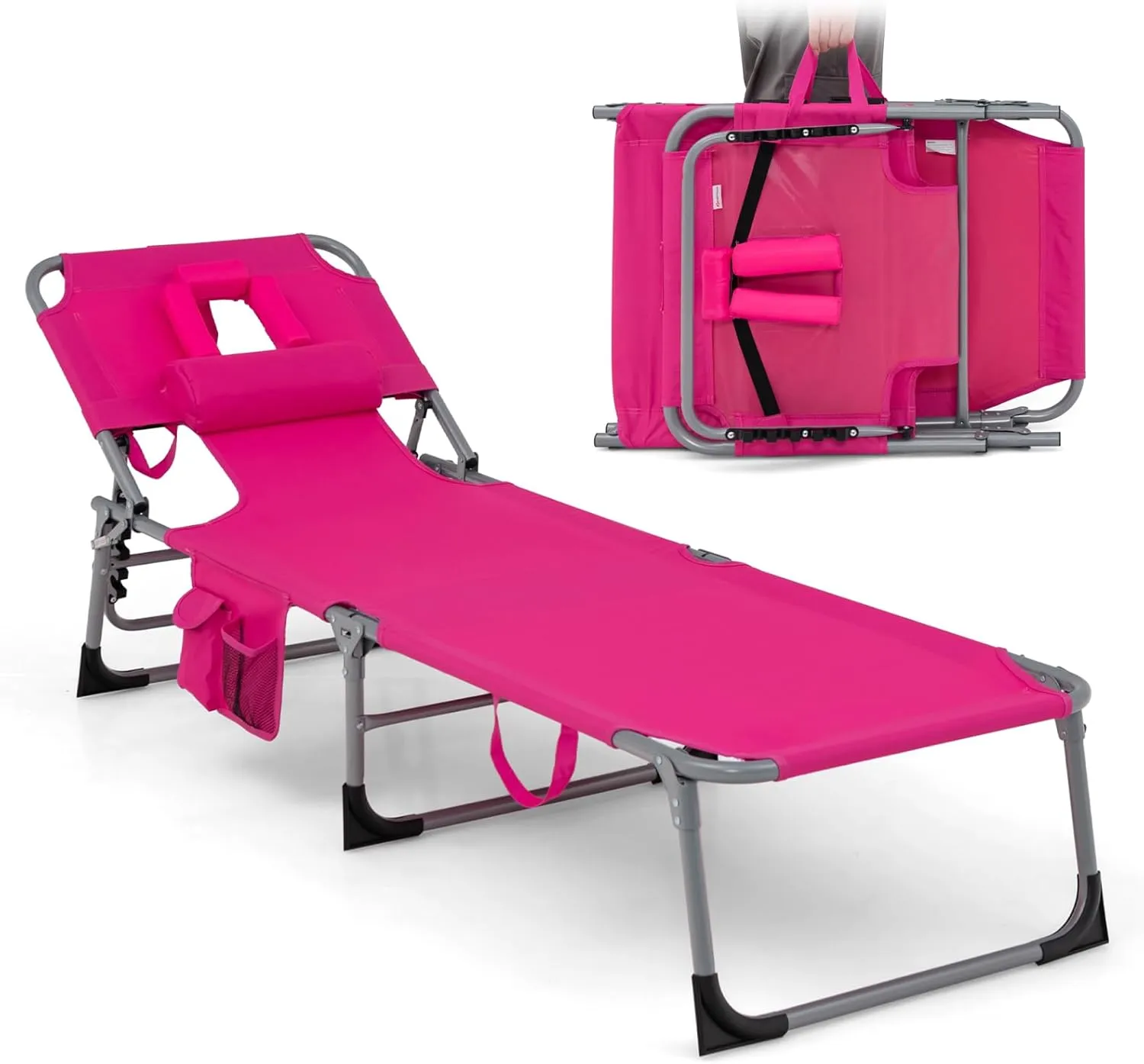 Goplus Tanning Chair, Folding Adjustable Patio Lounge Chair with Face Hole, Removable Pillow, 330LBS, Carry Strap, Outdoor Sunbathing Chair, Lightweight Portable Beach Lounge Chair, No Assembly