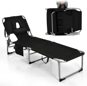 Goplus Tanning Chair, Folding Adjustable Patio Lounge Chair with Face Hole, Removable Pillow, 330LBS, Carry Strap, Outdoor Sunbathing Chair, Lightweight Portable Beach Lounge Chair, No Assembly