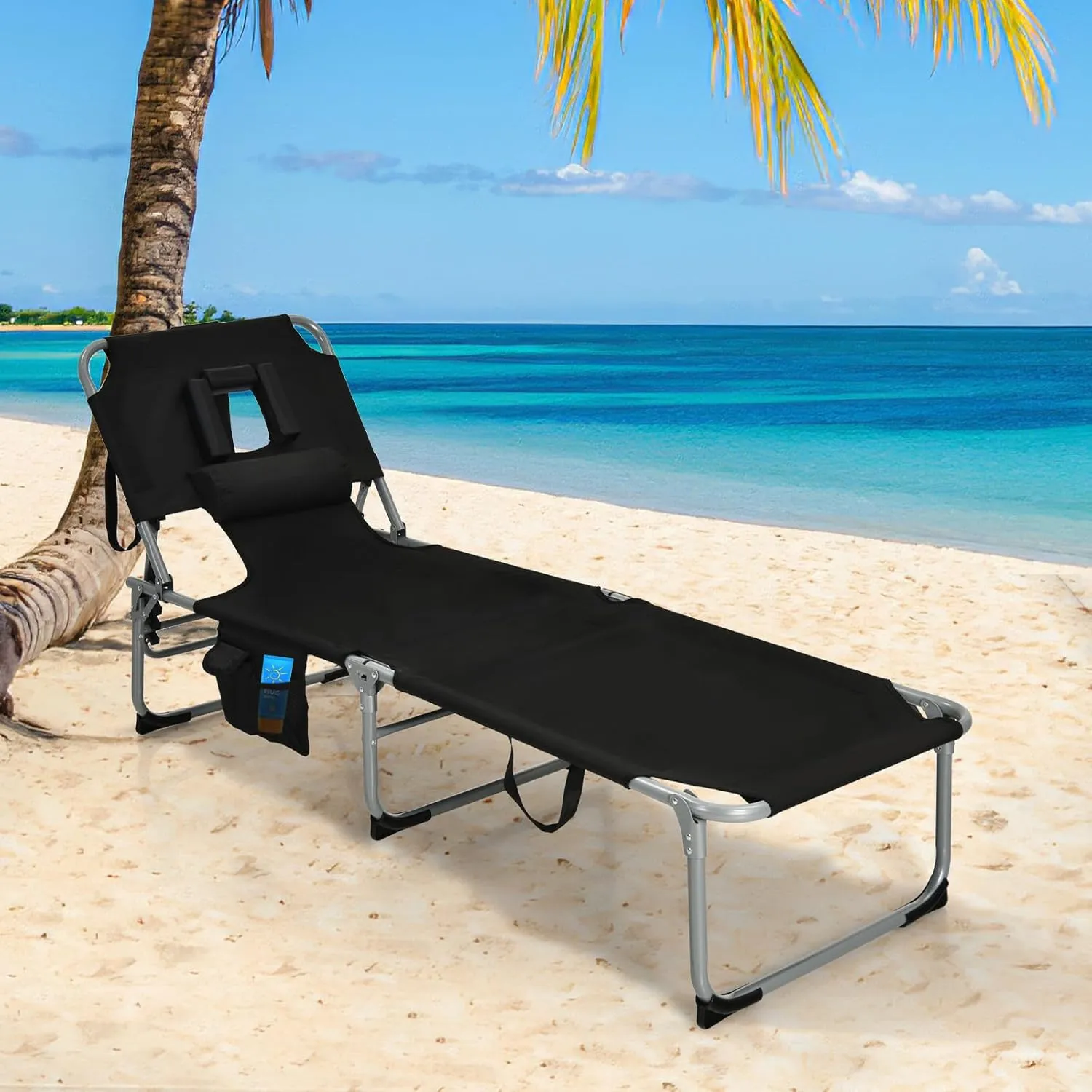 Goplus Tanning Chair, Folding Adjustable Patio Lounge Chair with Face Hole, Removable Pillow, 330LBS, Carry Strap, Outdoor Sunbathing Chair, Lightweight Portable Beach Lounge Chair, No Assembly