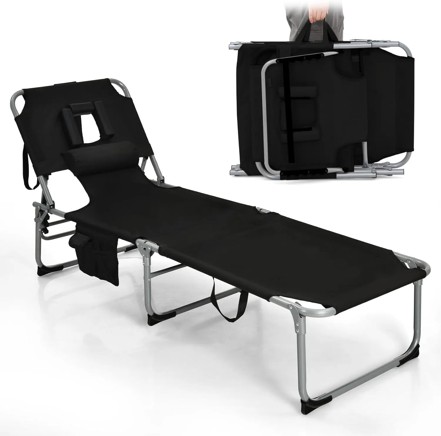 Goplus Tanning Chair, Folding Adjustable Patio Lounge Chair with Face Hole, Removable Pillow, 330LBS, Carry Strap, Outdoor Sunbathing Chair, Lightweight Portable Beach Lounge Chair, No Assembly