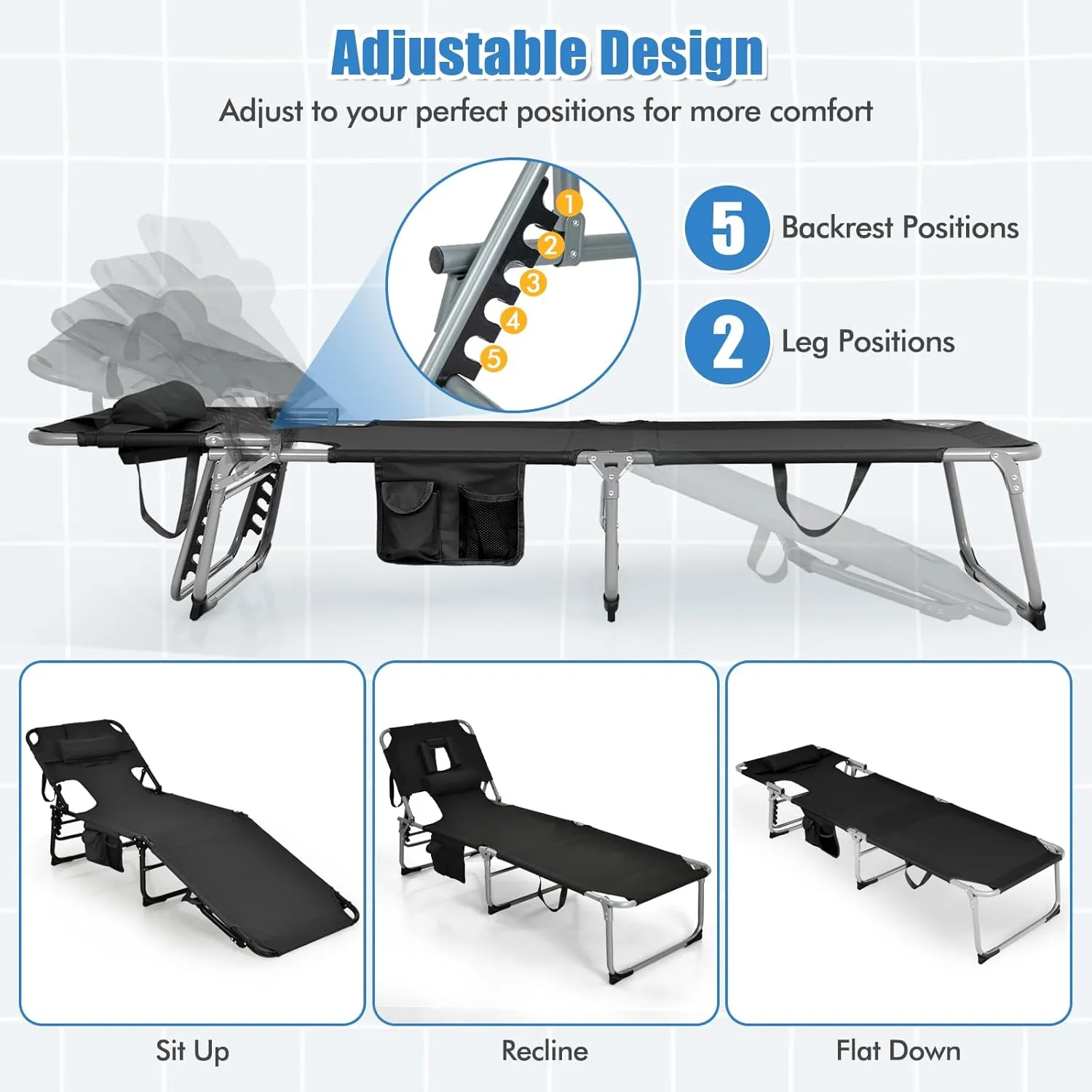 Goplus Tanning Chair, Folding Adjustable Patio Lounge Chair with Face Hole, Removable Pillow, 330LBS, Carry Strap, Outdoor Sunbathing Chair, Lightweight Portable Beach Lounge Chair, No Assembly