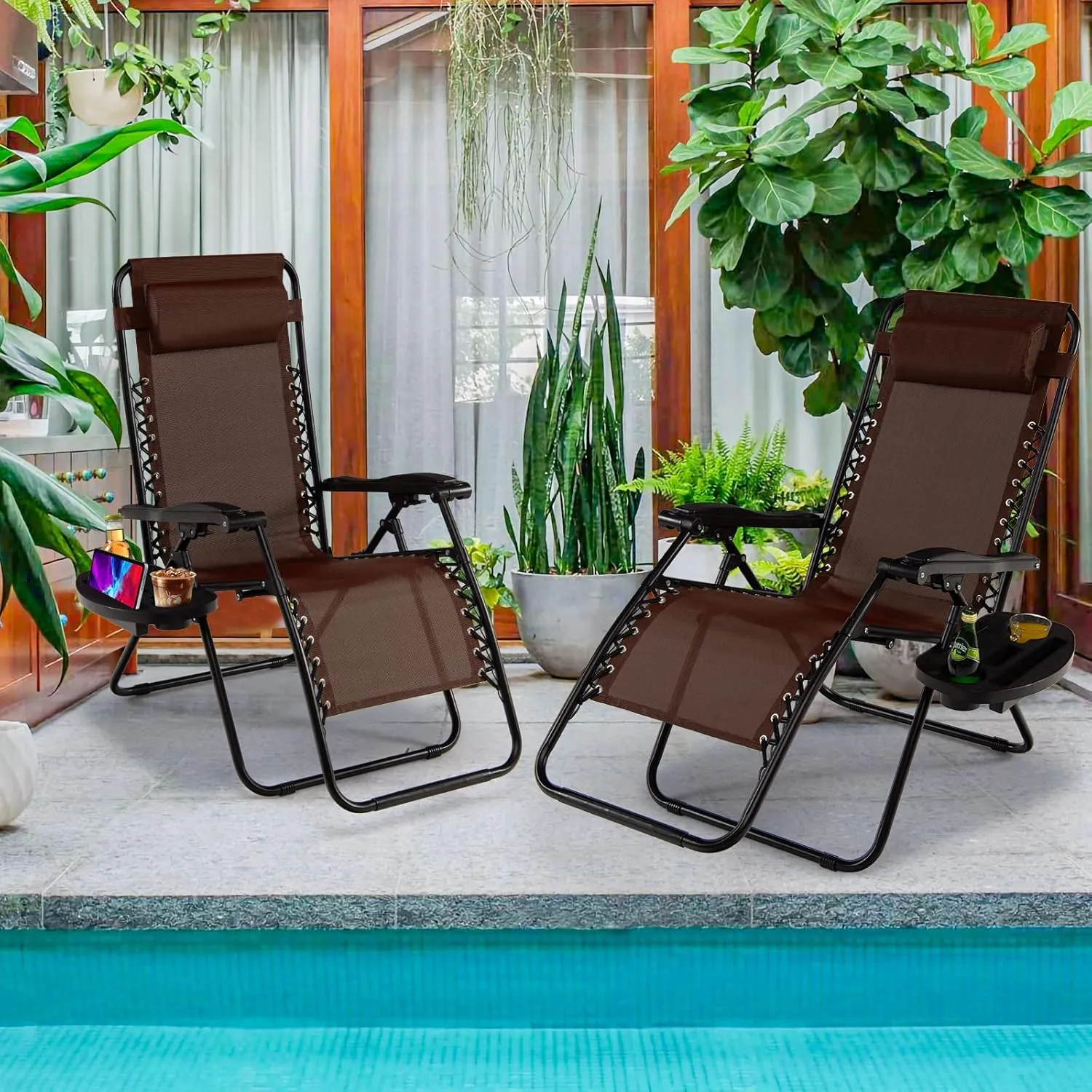Goplus Zero Gravity Lounge Chairs, 160°Adjustable Folding Recliner w/Pillow and Cup Holder, 350LBS Comfy Outdoor Lounge Chairs for Patio, Lawn, Yard & Camp(1, Brown)
