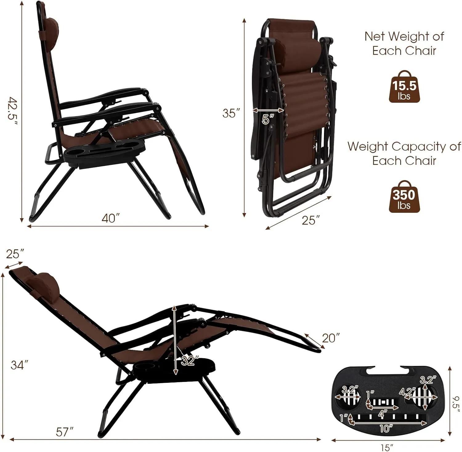 Goplus Zero Gravity Lounge Chairs, 160°Adjustable Folding Recliner w/Pillow and Cup Holder, 350LBS Comfy Outdoor Lounge Chairs for Patio, Lawn, Yard & Camp(1, Brown)