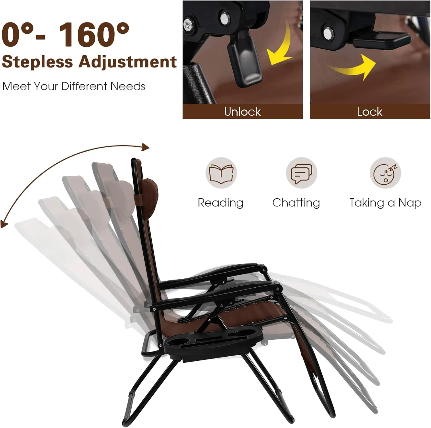Goplus Zero Gravity Lounge Chairs, 160°Adjustable Folding Recliner w/Pillow and Cup Holder, 350LBS Comfy Outdoor Lounge Chairs for Patio, Lawn, Yard & Camp(1, Brown)