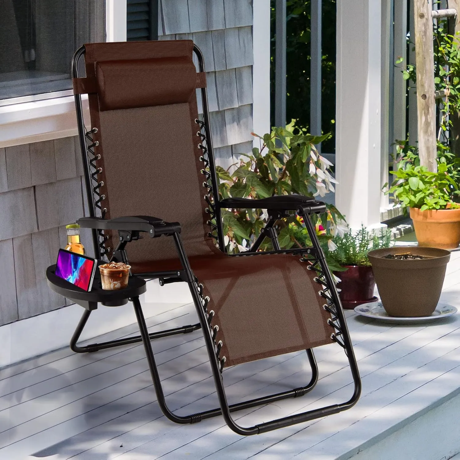 Goplus Zero Gravity Lounge Chairs, 160°Adjustable Folding Recliner w/Pillow and Cup Holder, 350LBS Comfy Outdoor Lounge Chairs for Patio, Lawn, Yard & Camp(1, Brown)