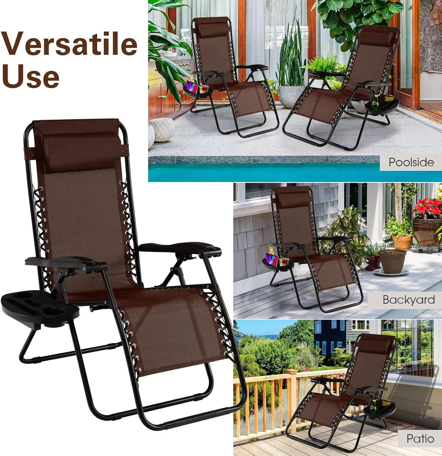 Goplus Zero Gravity Lounge Chairs, 160°Adjustable Folding Recliner w/Pillow and Cup Holder, 350LBS Comfy Outdoor Lounge Chairs for Patio, Lawn, Yard & Camp(1, Brown)